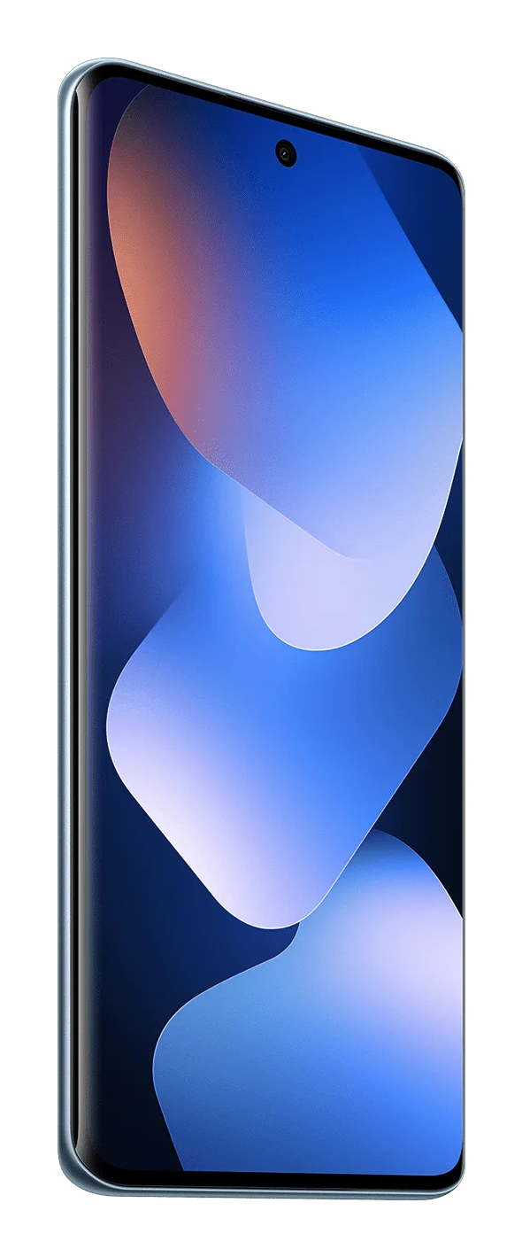 Uno smartphone inclinato a sinistra mostra uno sfondo astratto blu vivace.