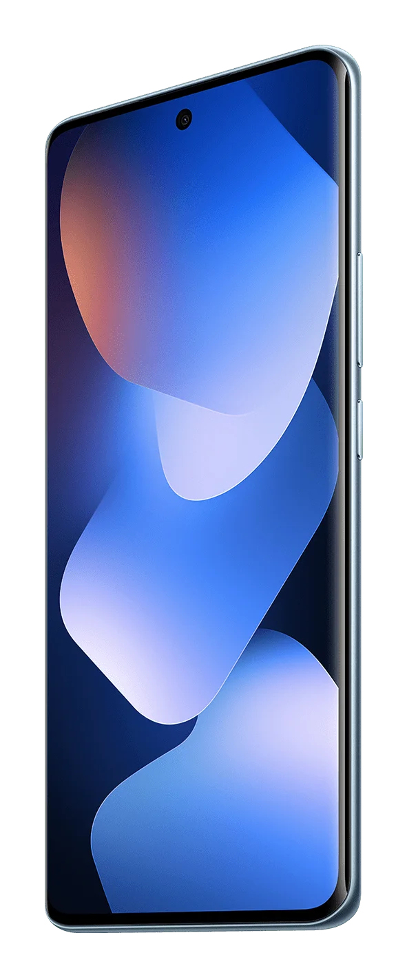 Primo piano di uno smartphone con sfondo blu e schermo curvo.