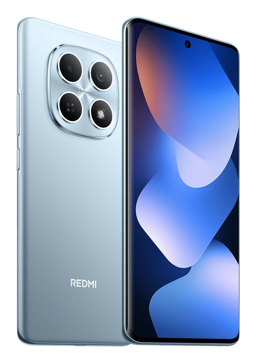 Due smartphone Redmi azzurri mostrano il modulo a quattro fotocamere sul retro e lo schermo vibrante sul fronte.