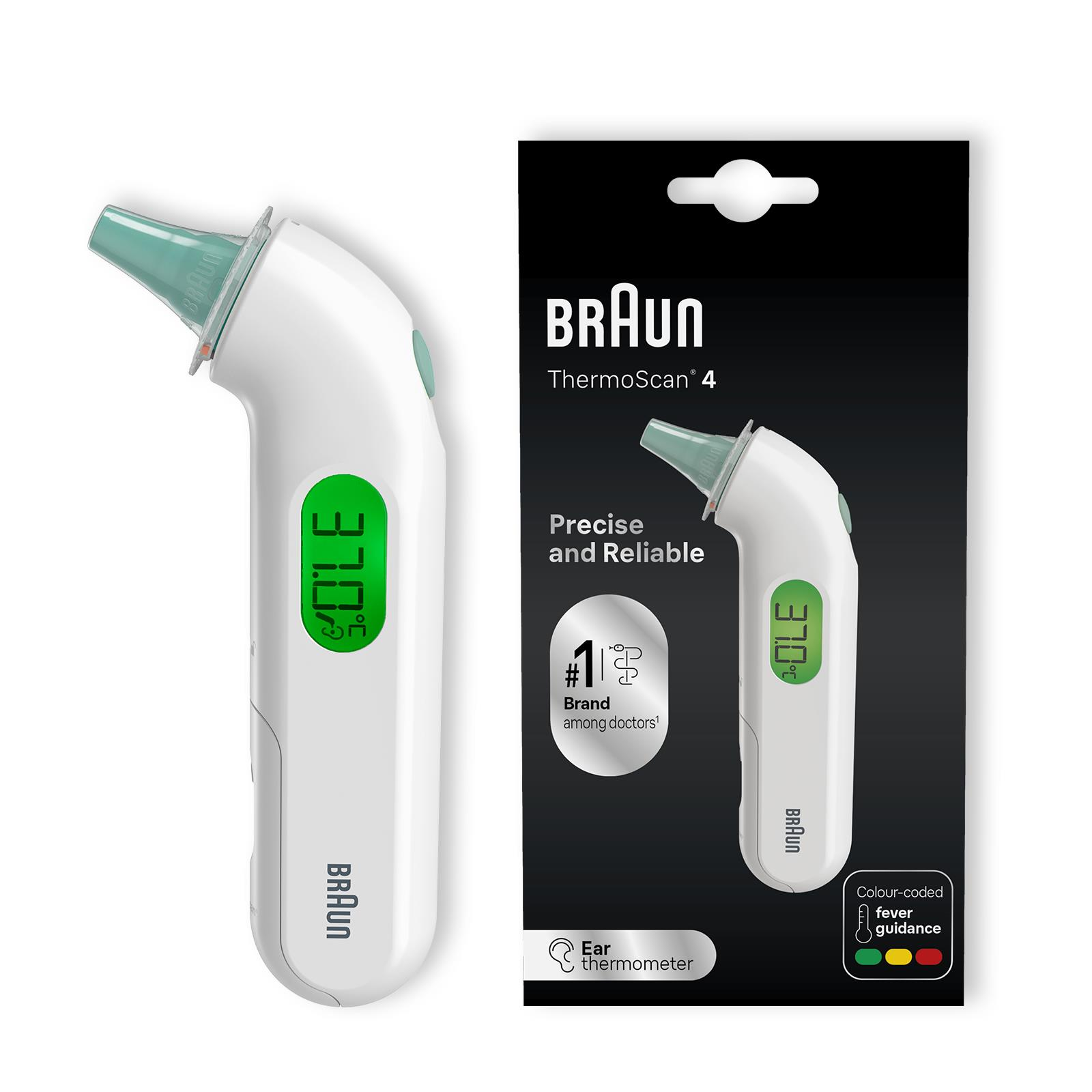 Beyaz bir Braun ThermoScan 4 kulak termometresi ve ambalajı.
