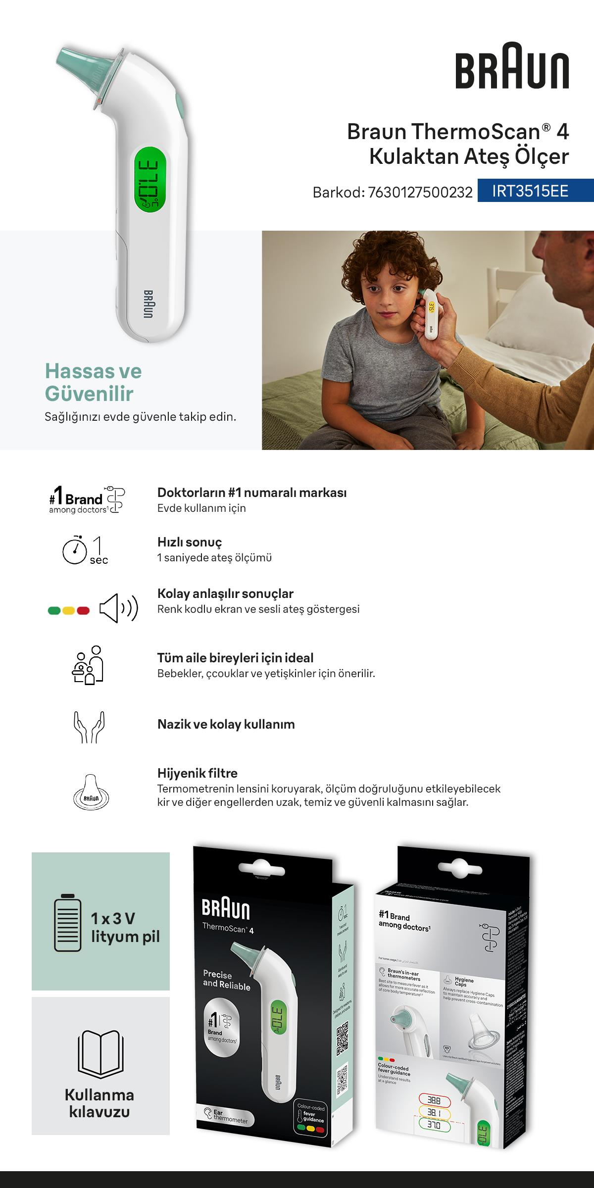 Ürün görselleri, özellikleri ve kullanım sahnesi içeren Braun ThermoScan 4 reklamı.