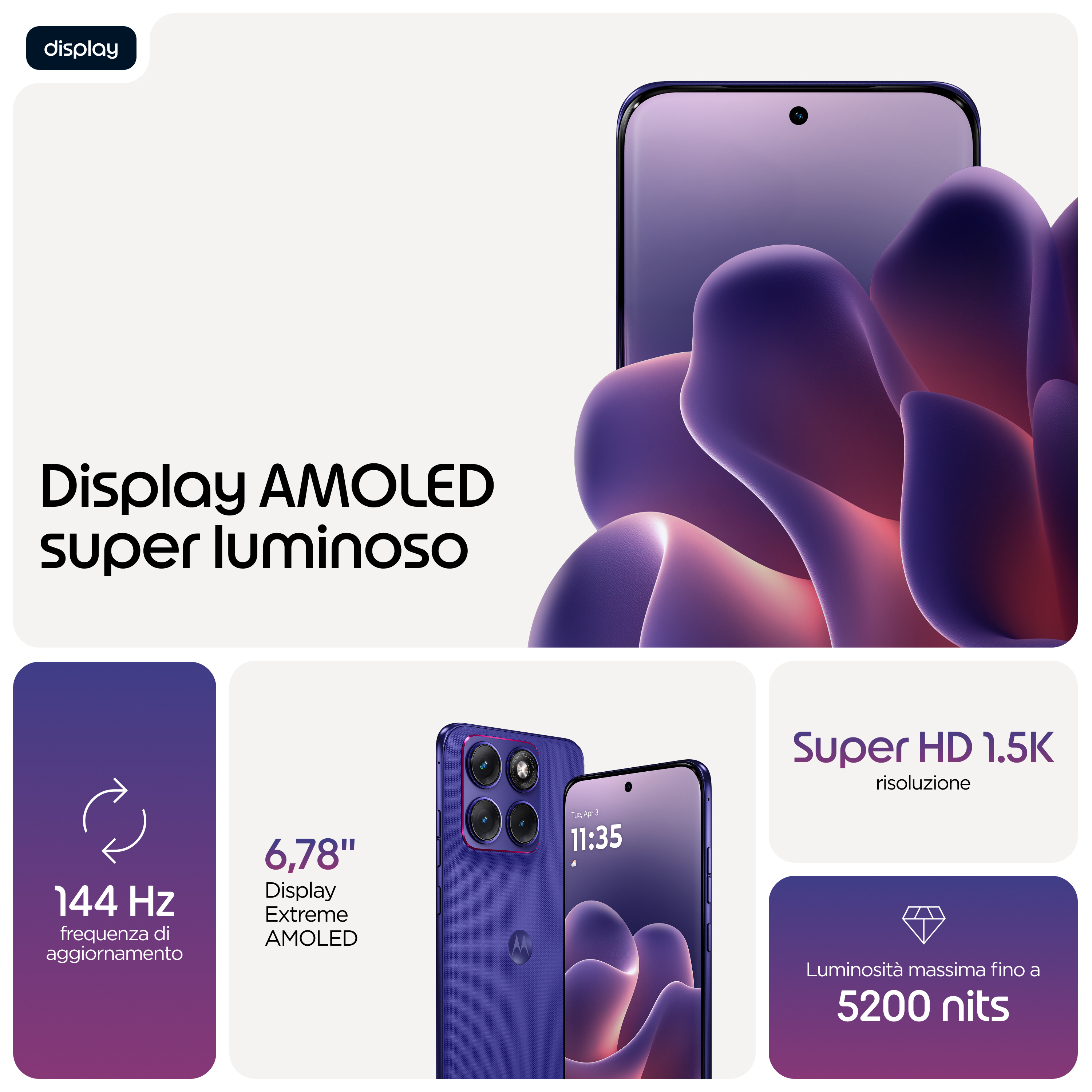 Grafica promozionale per smartphone con display AMOLED, 144 Hz, 6,78 pollici, Super HD 1,5K e 5200 nits di luminosità.