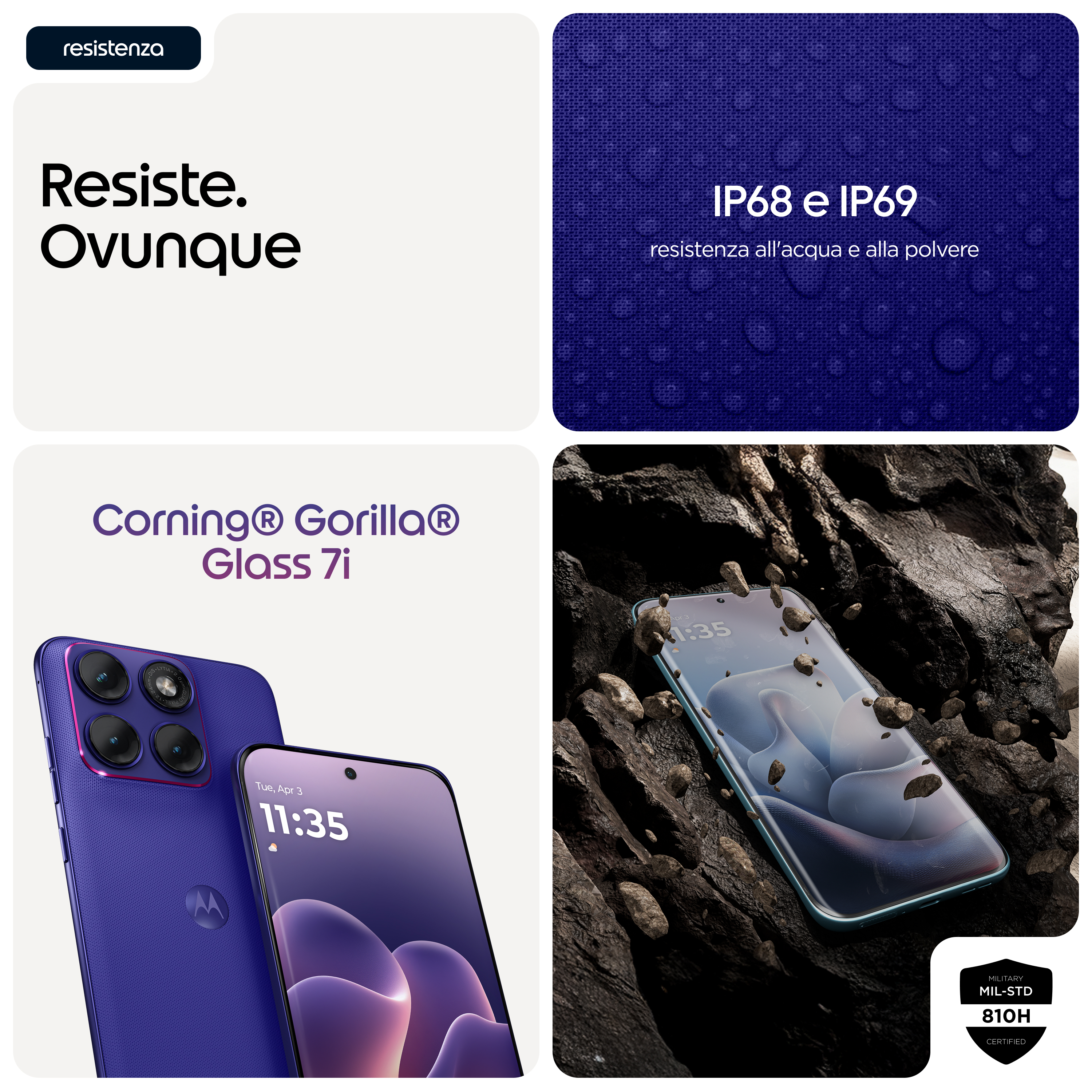 Quattro immagini mostrano le caratteristiche dello smartphone: resistenza, protezione IP68/IP69, Gorilla Glass 7i e standard militare.