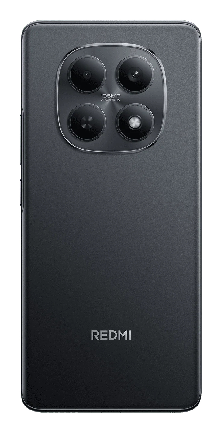 Parte trasera de un smartphone Redmi gris oscuro con cuatro lentes de cámara y el logotipo de Redmi.