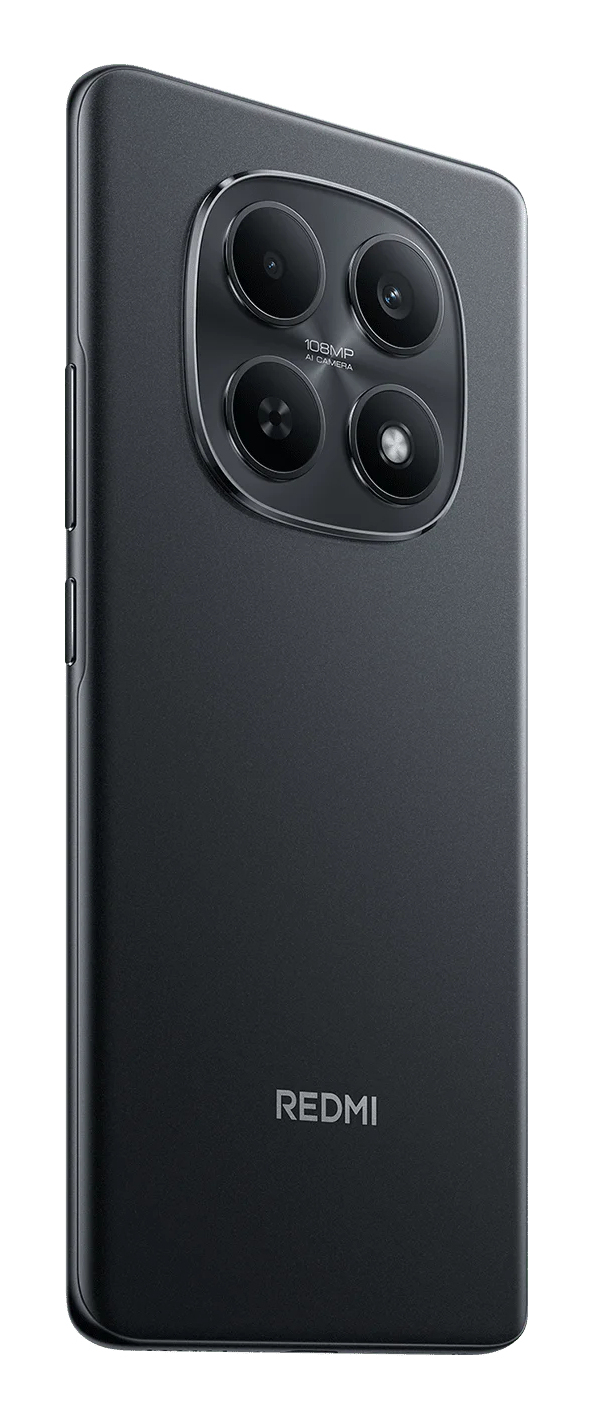 Parte trasera de un smartphone Redmi negro con un gran módulo de cámara rectangular arriba y el logo Redmi en blanco abajo.