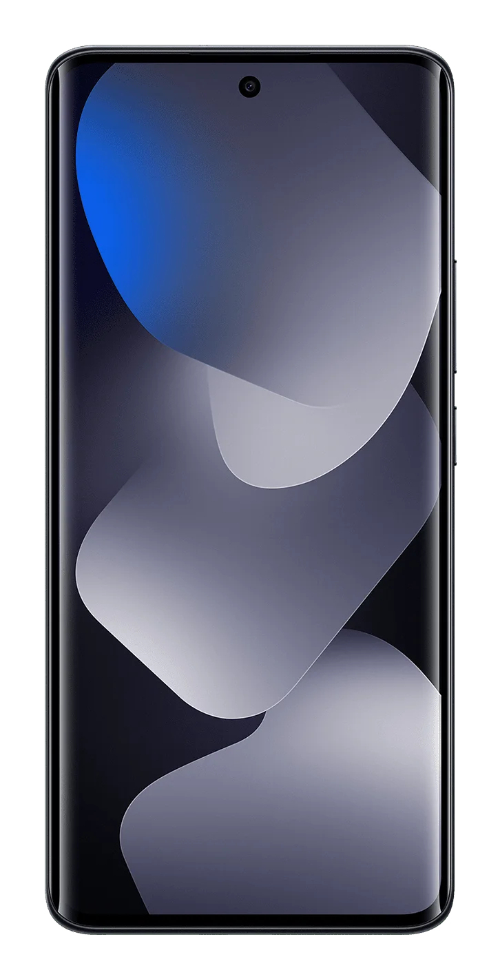 Un smartphone negro con pantalla curvada y fondo de pantalla abstracto azul y gris.