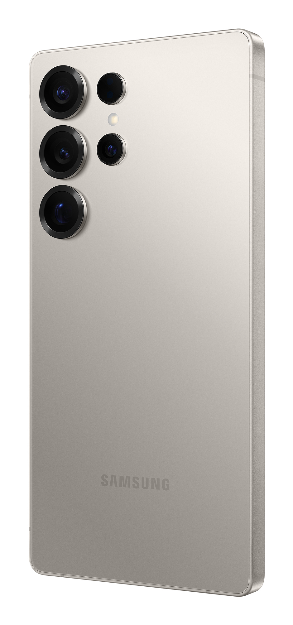 Vista posteriore di uno smartphone chiaro che mostra il modulo fotocamera e il logo Samsung.