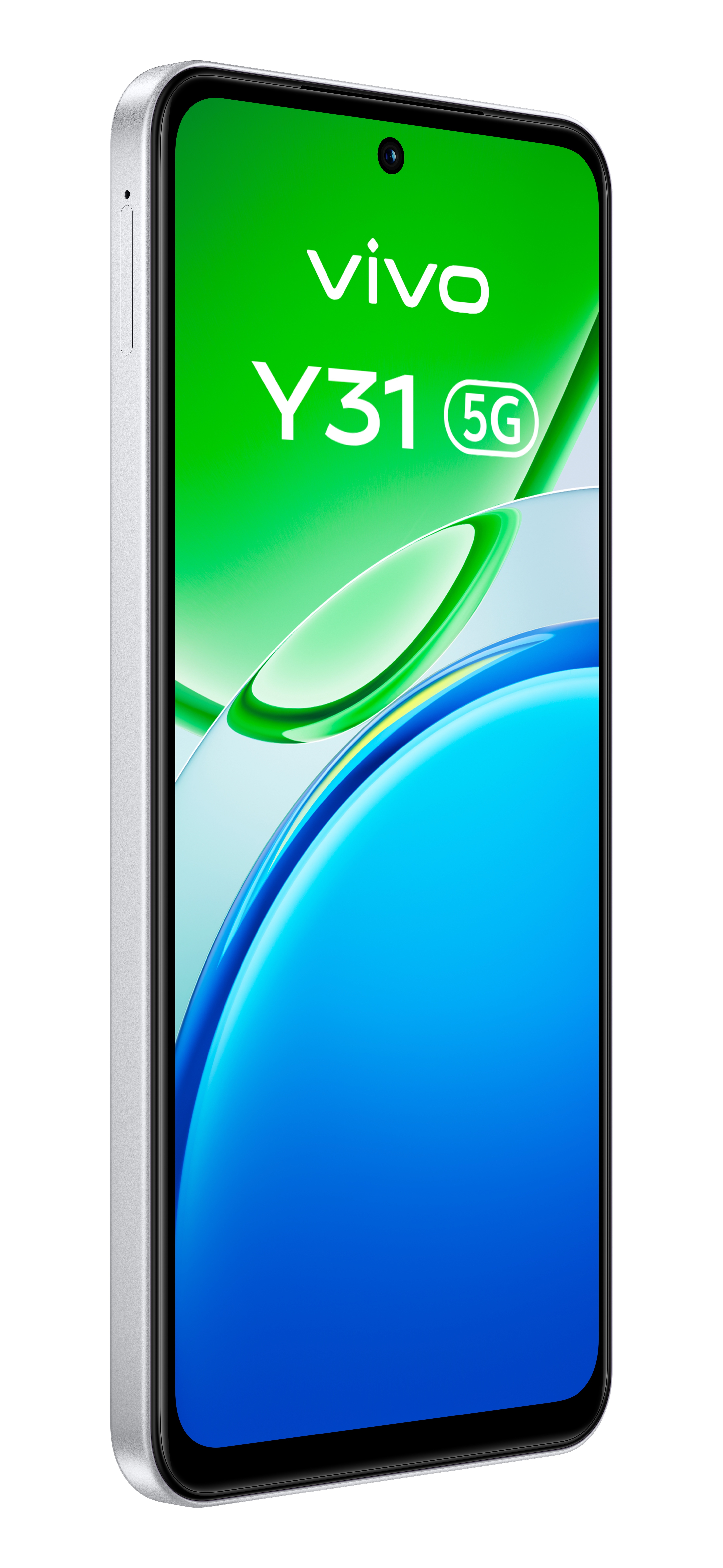 Srebrny smartfon Vivo Y31 5G w profilu trzy czwarte prezentuje zielony ekran główny z nazwą modelu.