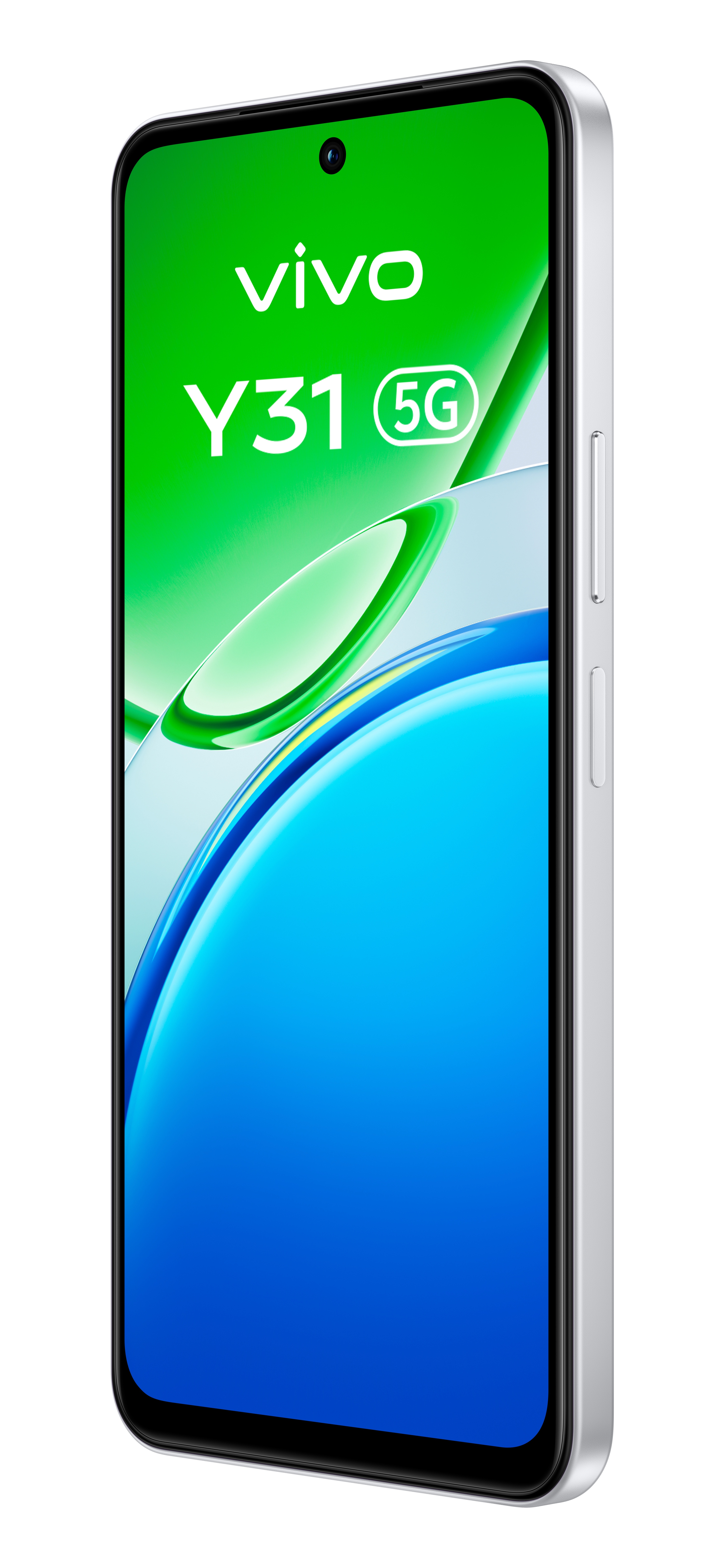 Biały smartfon Vivo Y31 5G pod kątem, pokazujący przedni ekran z zielono-niebieską grafiką i bocznymi przyciskami.