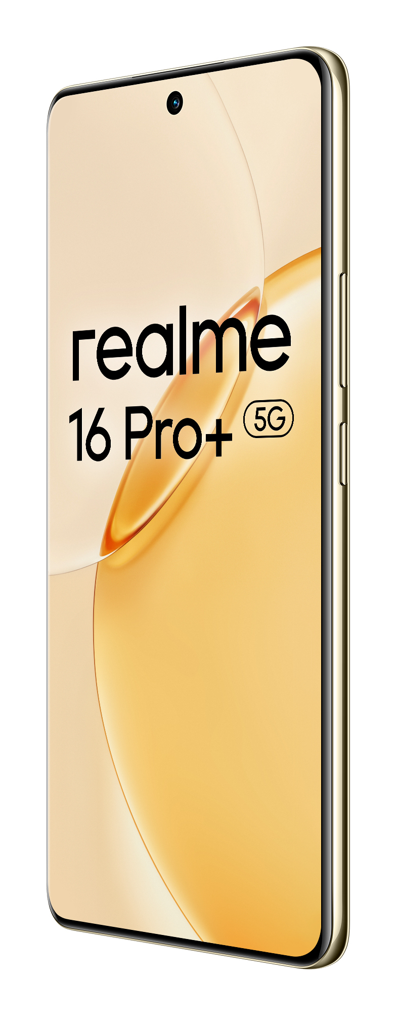 Smartphone Realme 16 Pro+ 5G inclinado sobre fondo blanco.