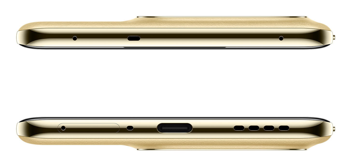 Bordes superior e inferior de un smartphone dorado con puertos, micrófonos y altavoz.