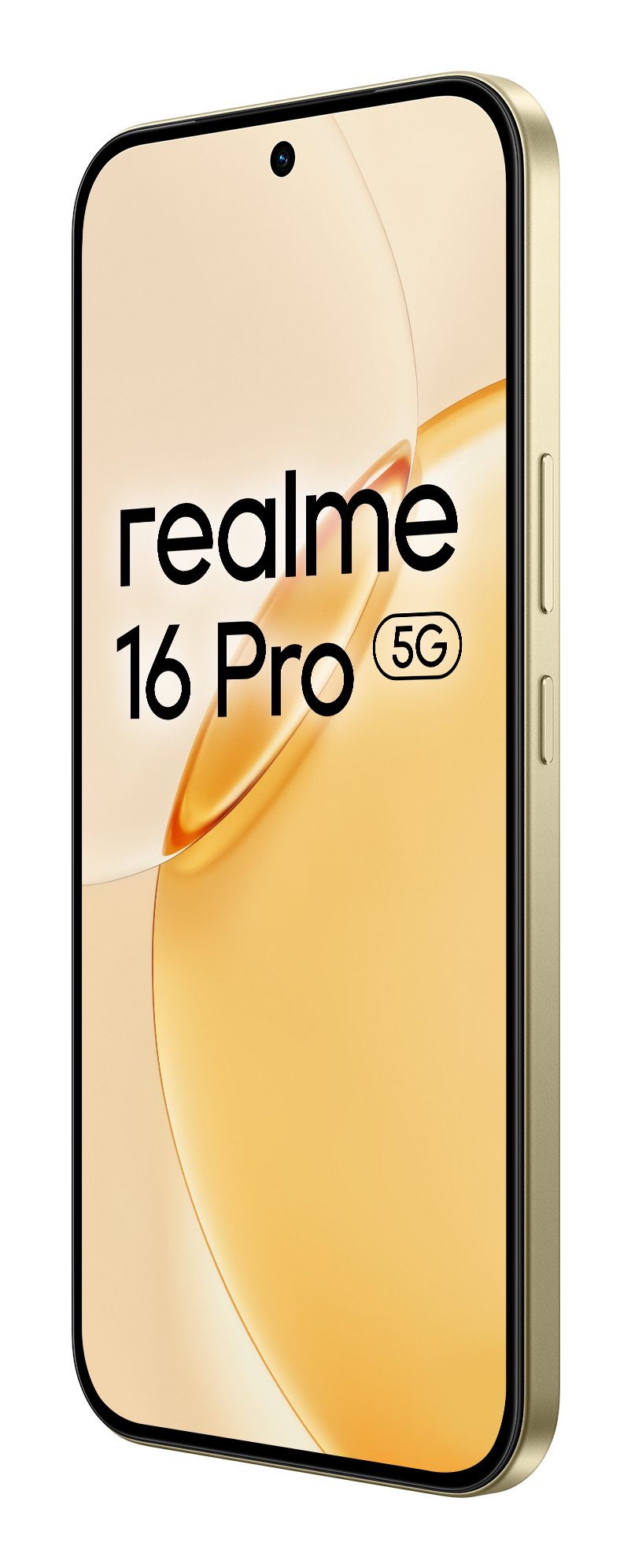 Vista frontal de un smartphone Realme 16 Pro 5G dorado con el logotipo y un fondo fluido.