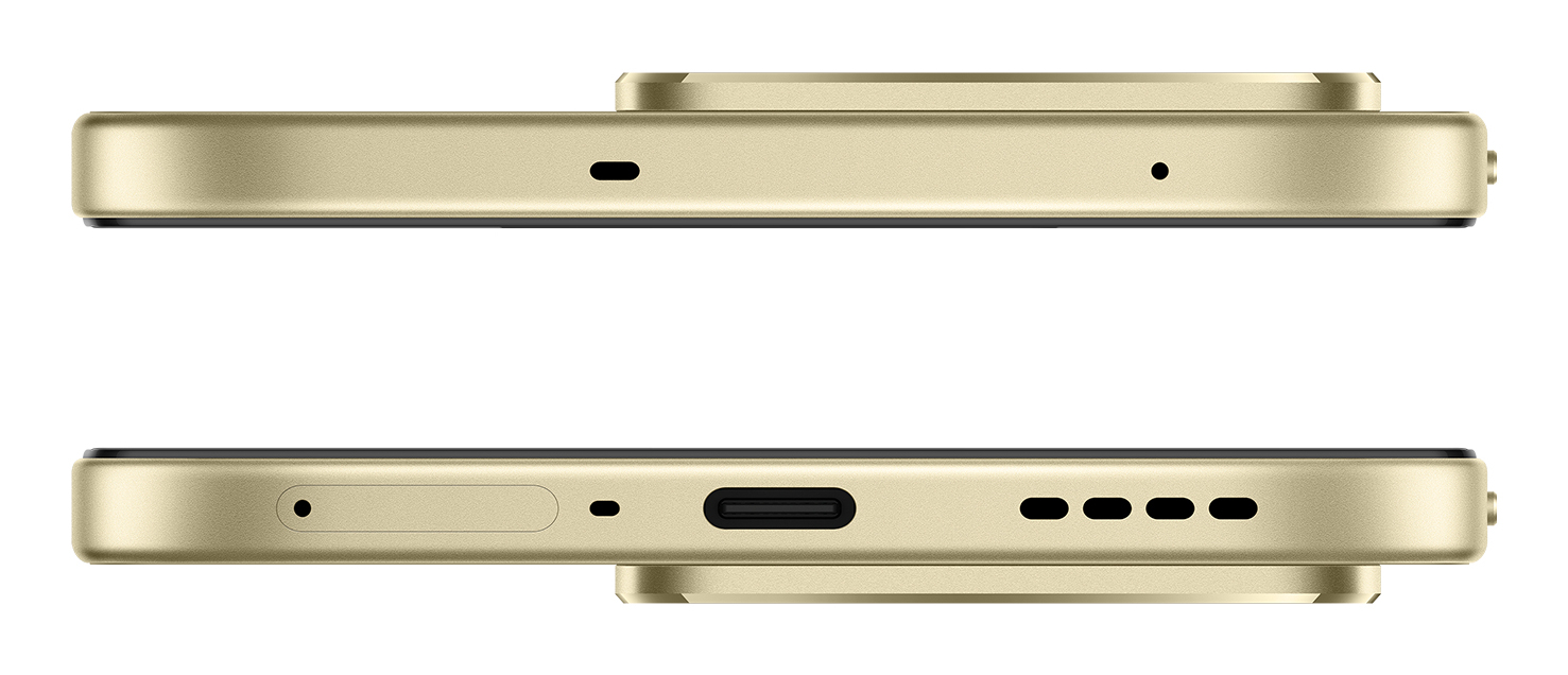 Los bordes del smartphone dorado muestran un micrófono arriba y ranura SIM, puerto USB-C y altavoces abajo.