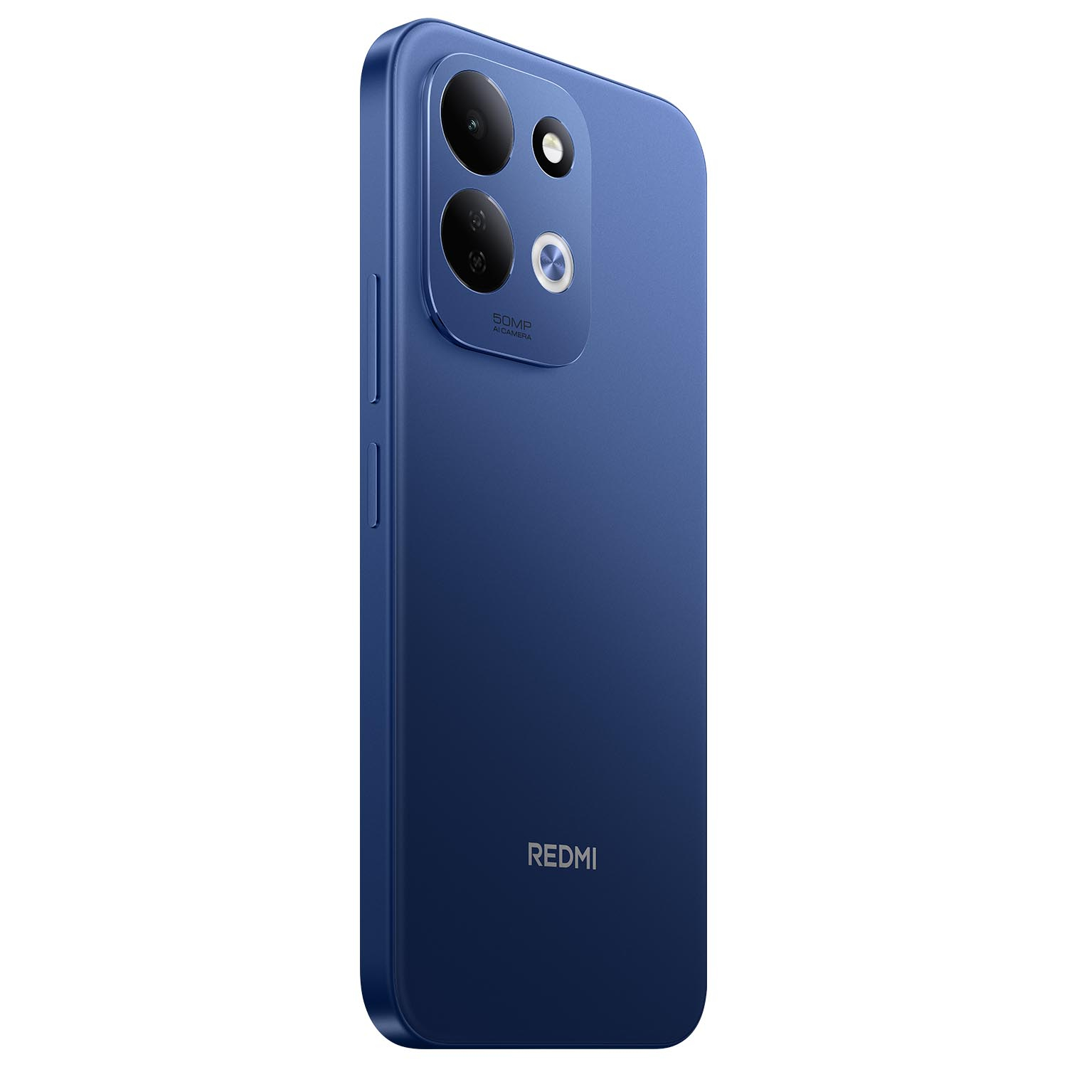 Ein blauer Redmi-Smartphone-Rücken mit Dual-Kamera, Blitz und REDMI-Schriftzug vor weißem Hintergrund.