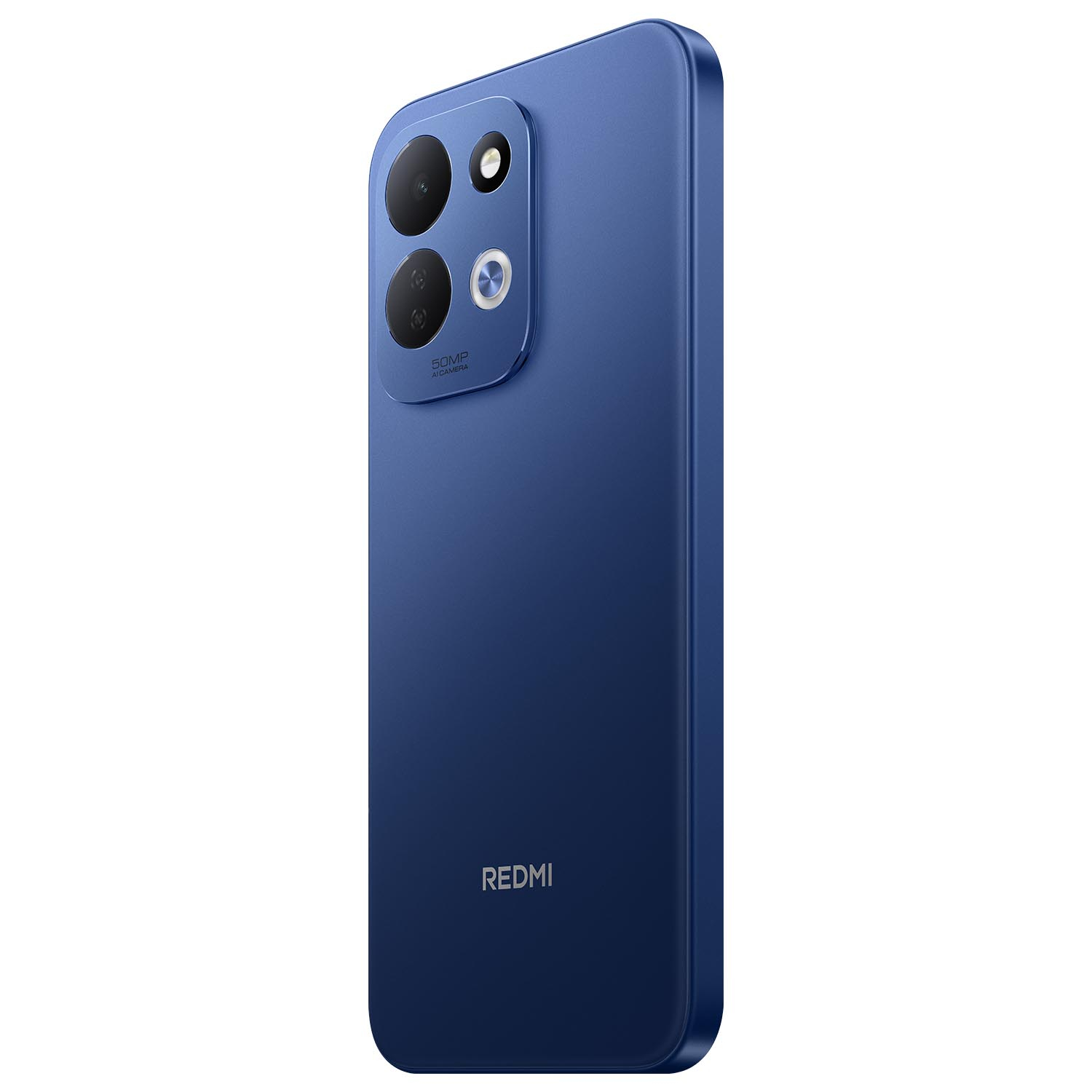 Blaue Rückseite eines Redmi-Smartphones mit Doppel-Kamera und Blitzlicht.