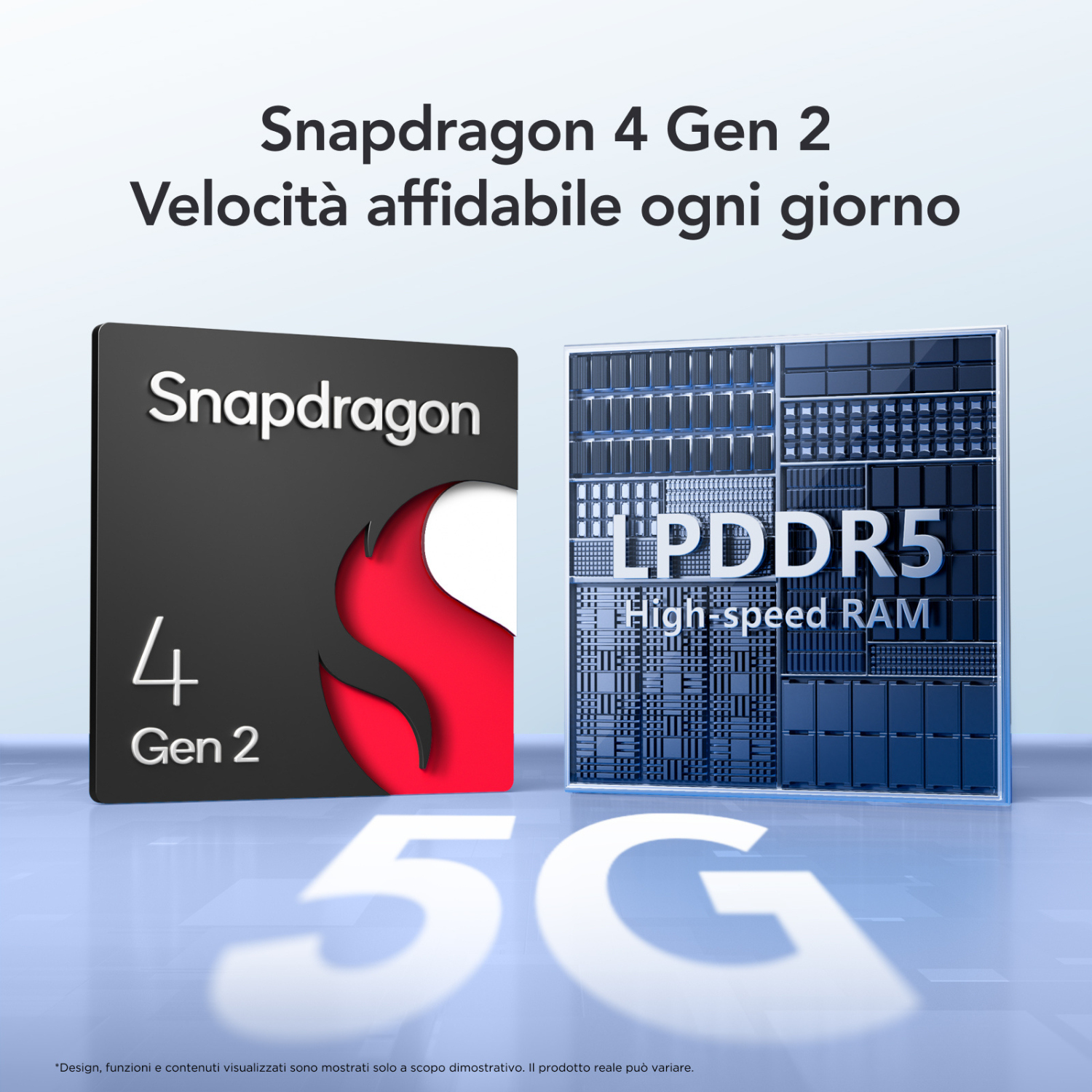 Chip Snapdragon 4 Gen 2 e RAM LPDDR5 con la scritta '5G' su sfondo blu.