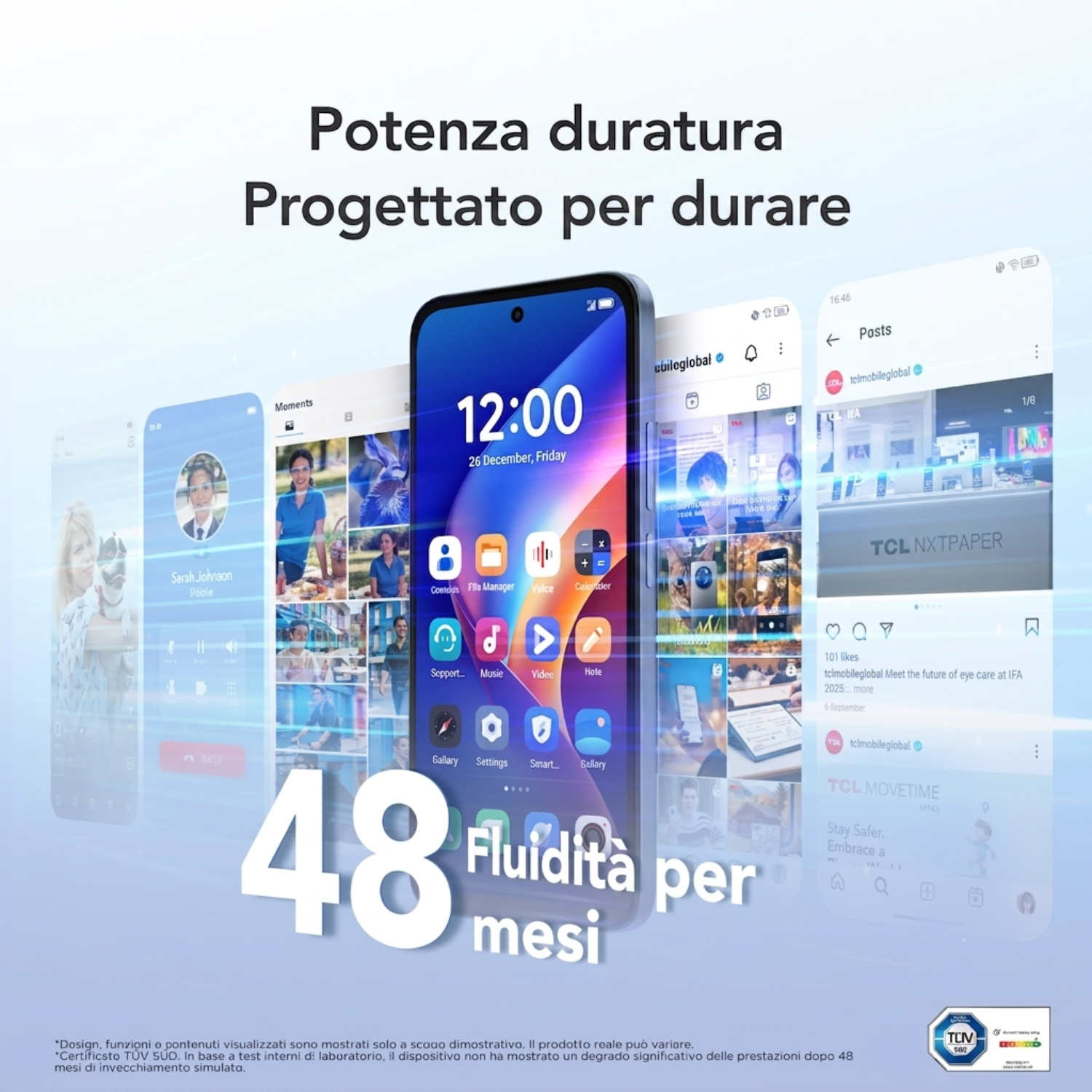 Smartphone con app colorate e testo sulla potenza duratura.