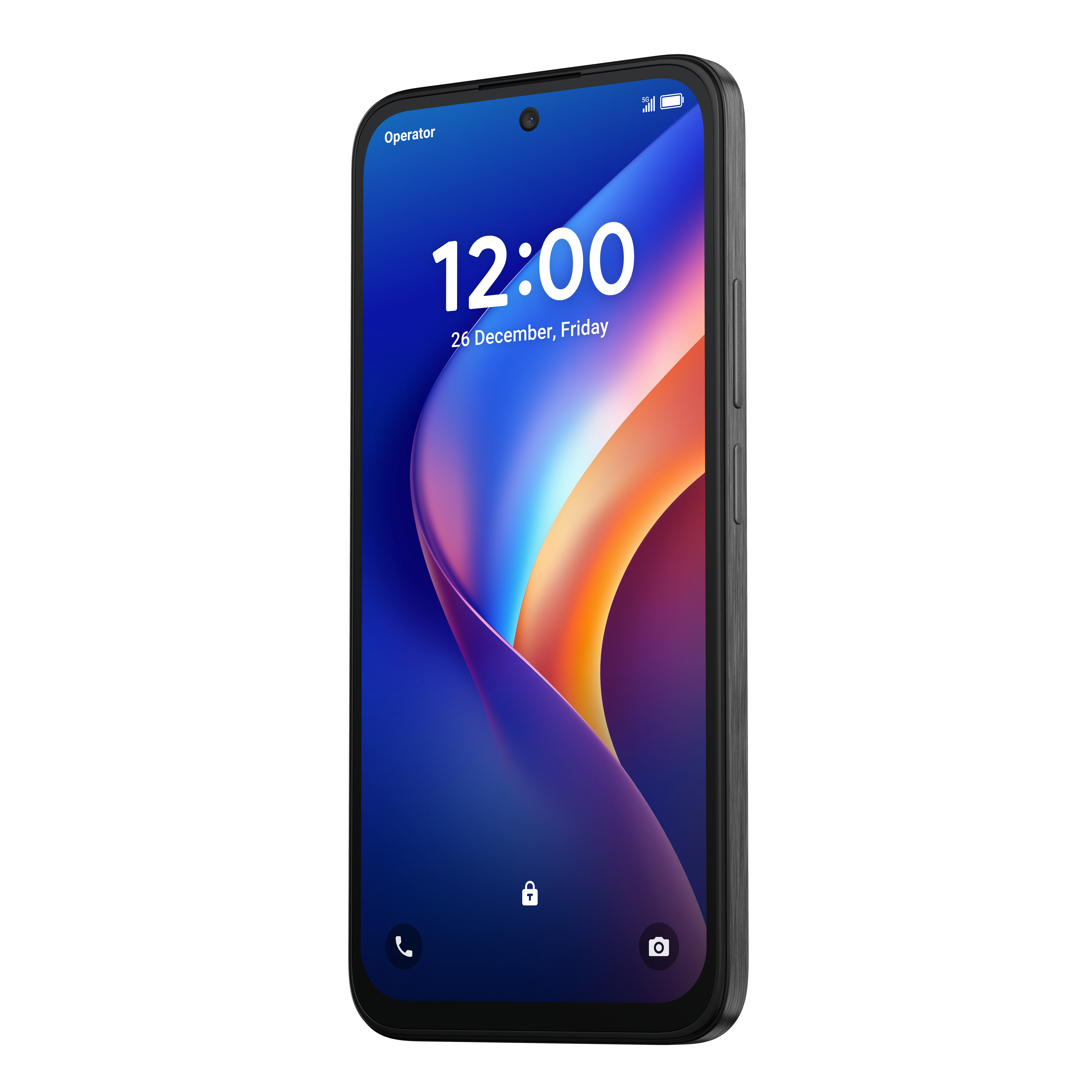 Czarny smartfon z kolorową tapetą z gradientem, godziną 12:00 i ikonami interfejsu.