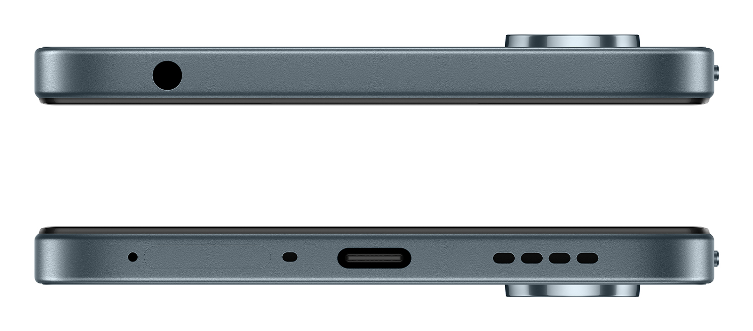 Górny i dolny widok szarego smartfona z gniazdem słuchawkowym, portem USB-C, głośnikiem i tacką SIM.