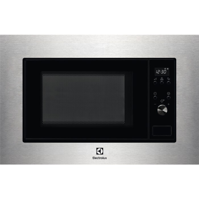 Microonde da incasso in acciaio inossidabile Electrolux con frontale in vetro nero, orologio digitale e manopola.