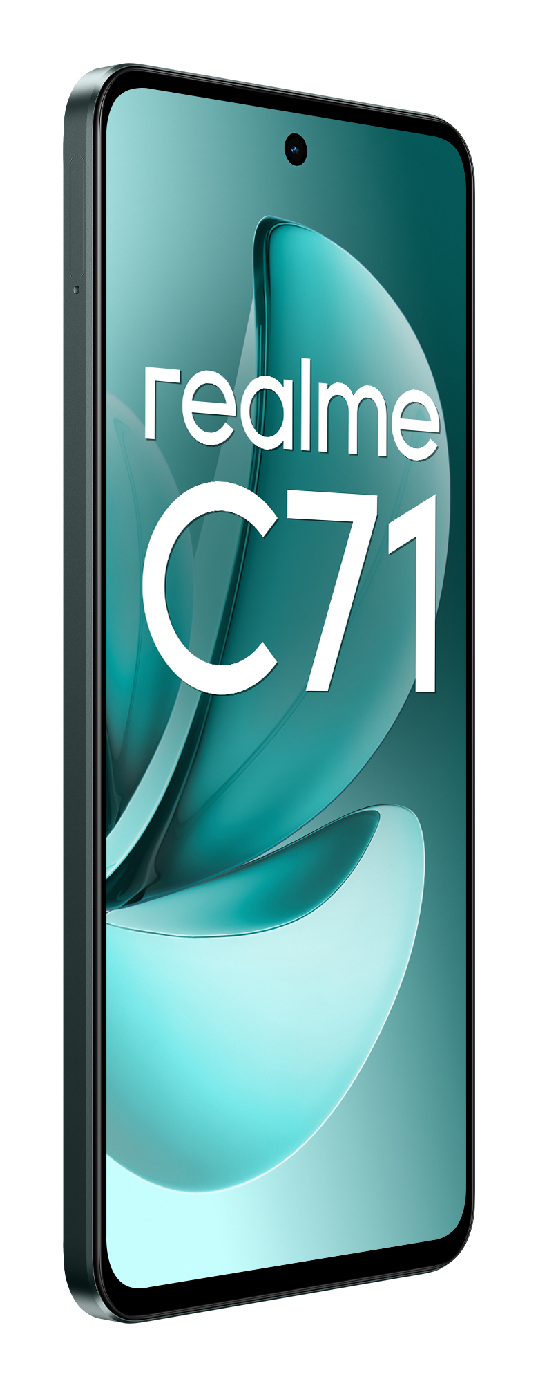 Smartphone Realme C71 mit grünem Display und weißem Text in perspektivischer Ansicht vor weißem Hintergrund.
