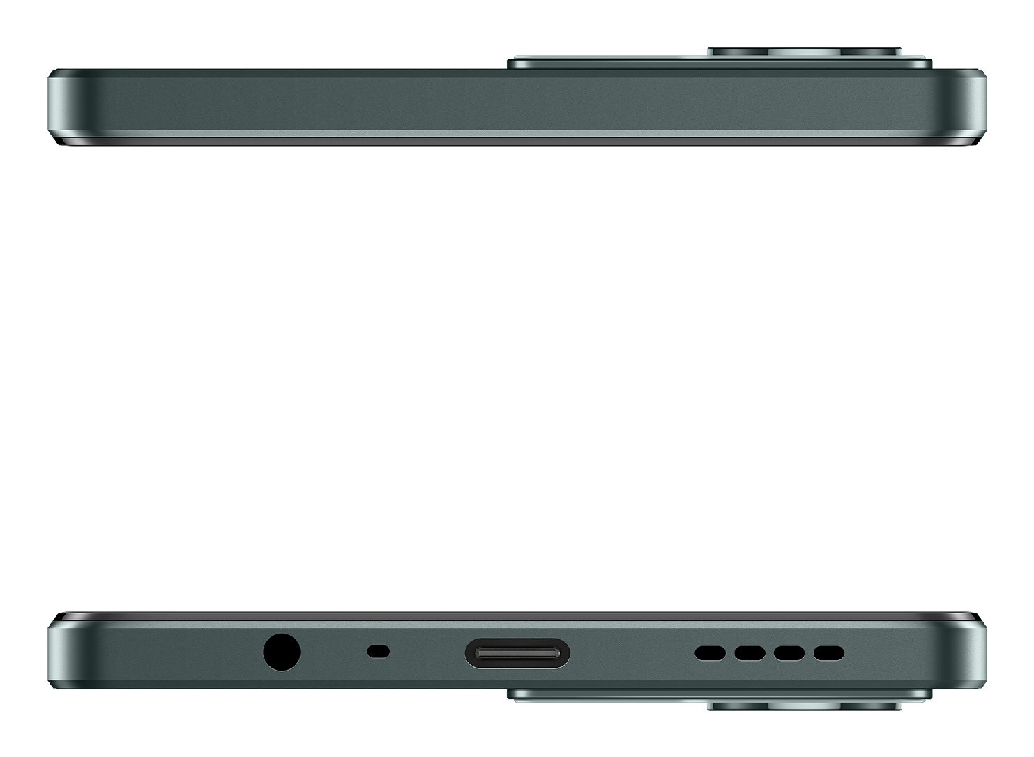 Ansichten der Ober- und Unterseite eines dunkelgrünen Smartphones mit Kameramodul, USB-C-Anschluss und Klinkenbuchse.