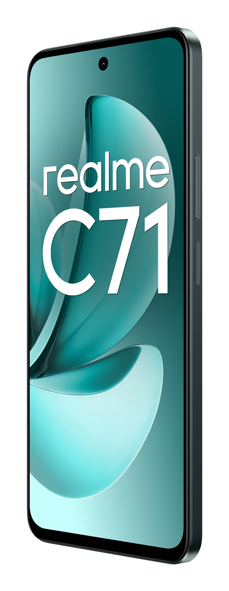 Ein teal-farbenes Realme C71 Smartphone zeigt den Markennamen und die Modellnummer auf dem Bildschirm.