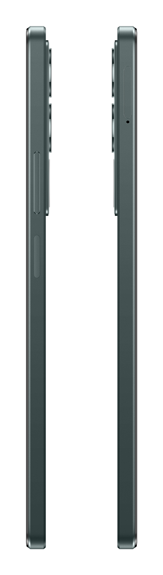 Zwei graue Smartphone-Seitenwände mit Knöpfen auf weißem Hintergrund.