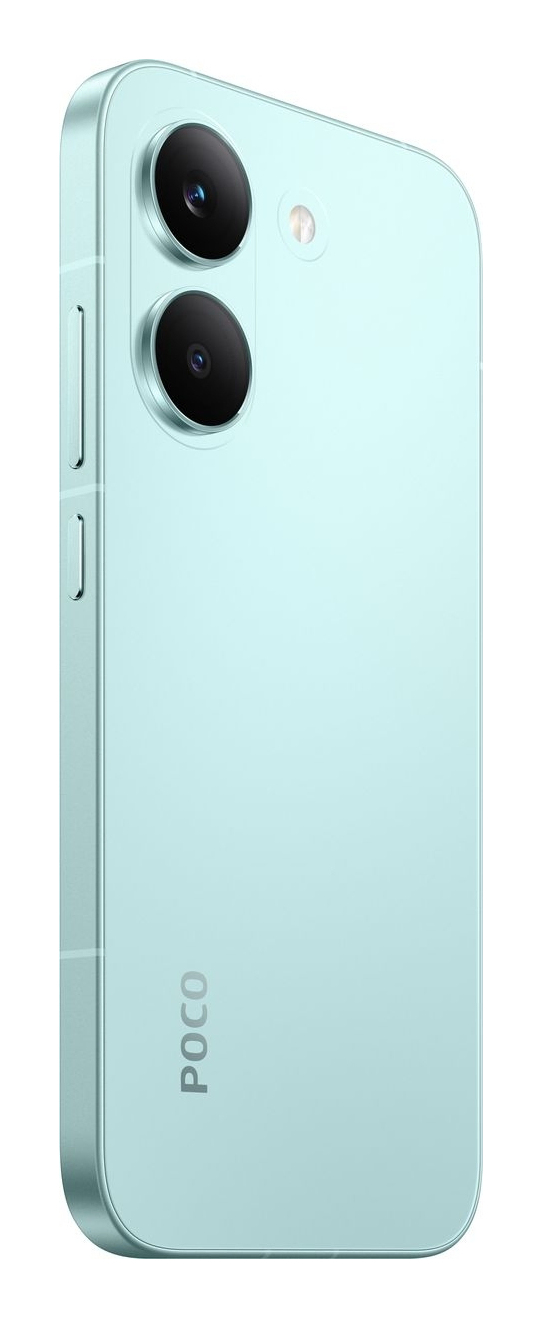 Ein hellblaues Poco-Smartphone von hinten mit zwei Kameras und dem Markenlogo unten.