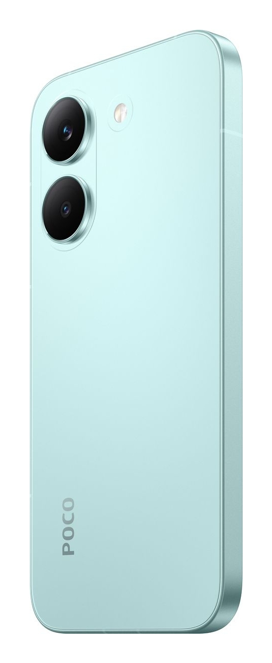Rückseite eines hellblauen Poco-Smartphones mit zwei vertikalen Kameras und dem Markenlogo unten.