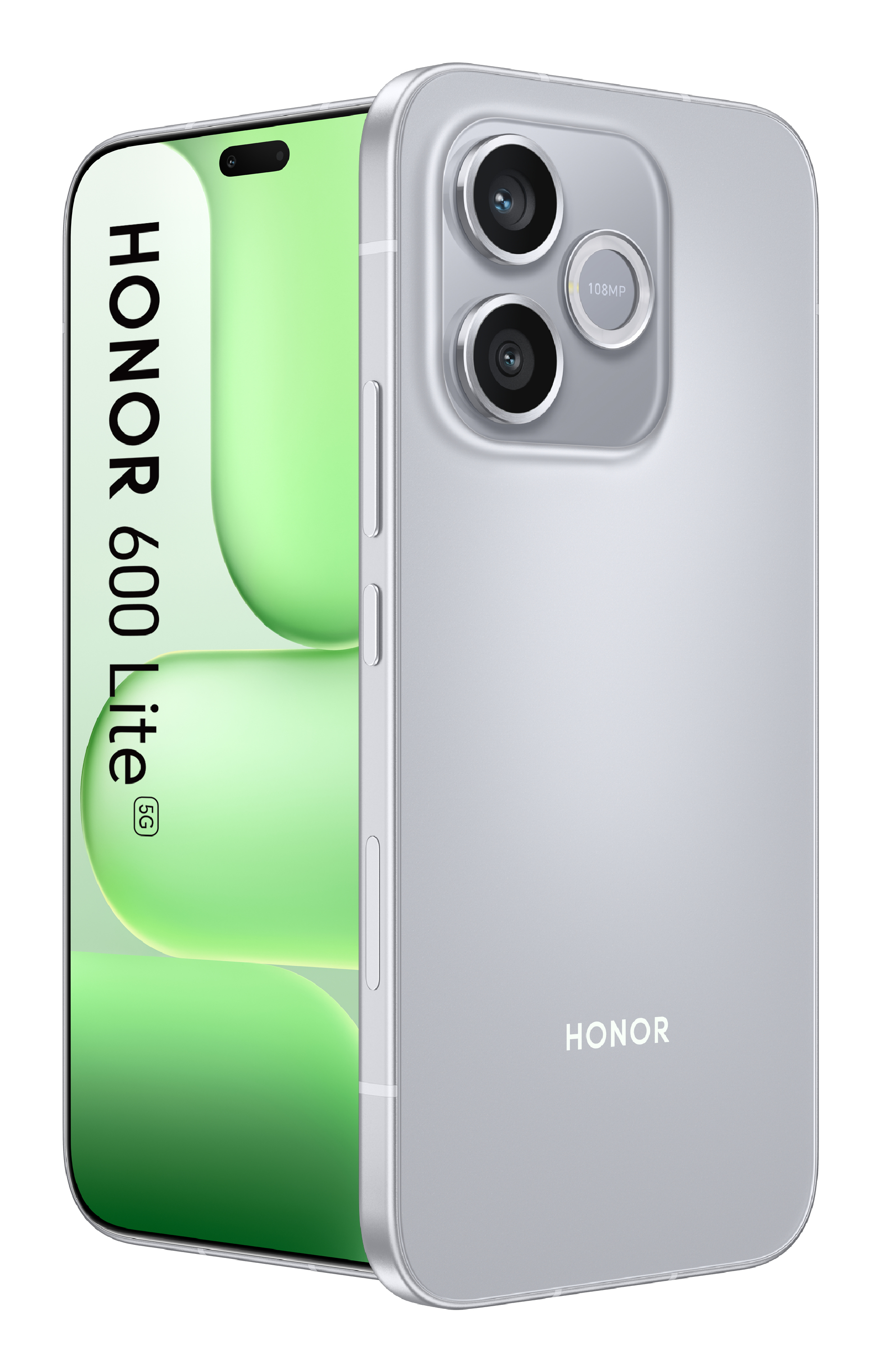 Smartphone plateado Honor 600 Lite 5G que muestra la parte delantera y trasera.