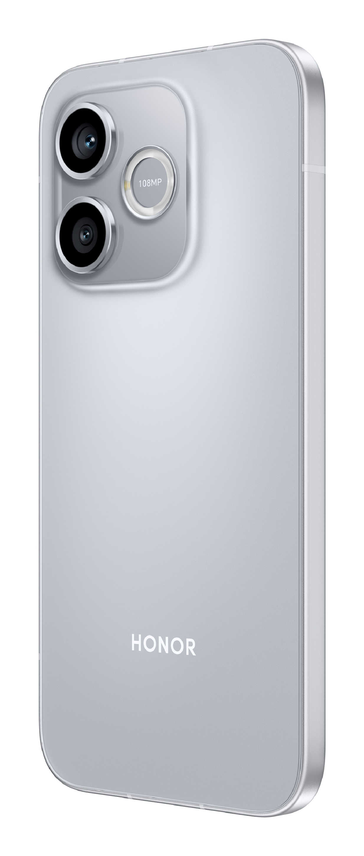 Parte trasera de un smartphone Honor plateado con dos cámaras, módulo flash de 108MP y logo de Honor.