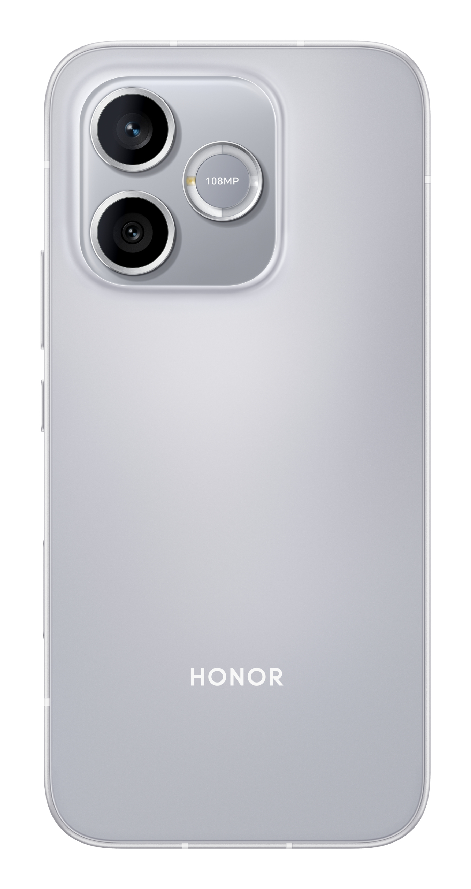 La parte trasera de un smartphone Honor plateado con dos lentes de cámara grandes y un sensor de 108MP.