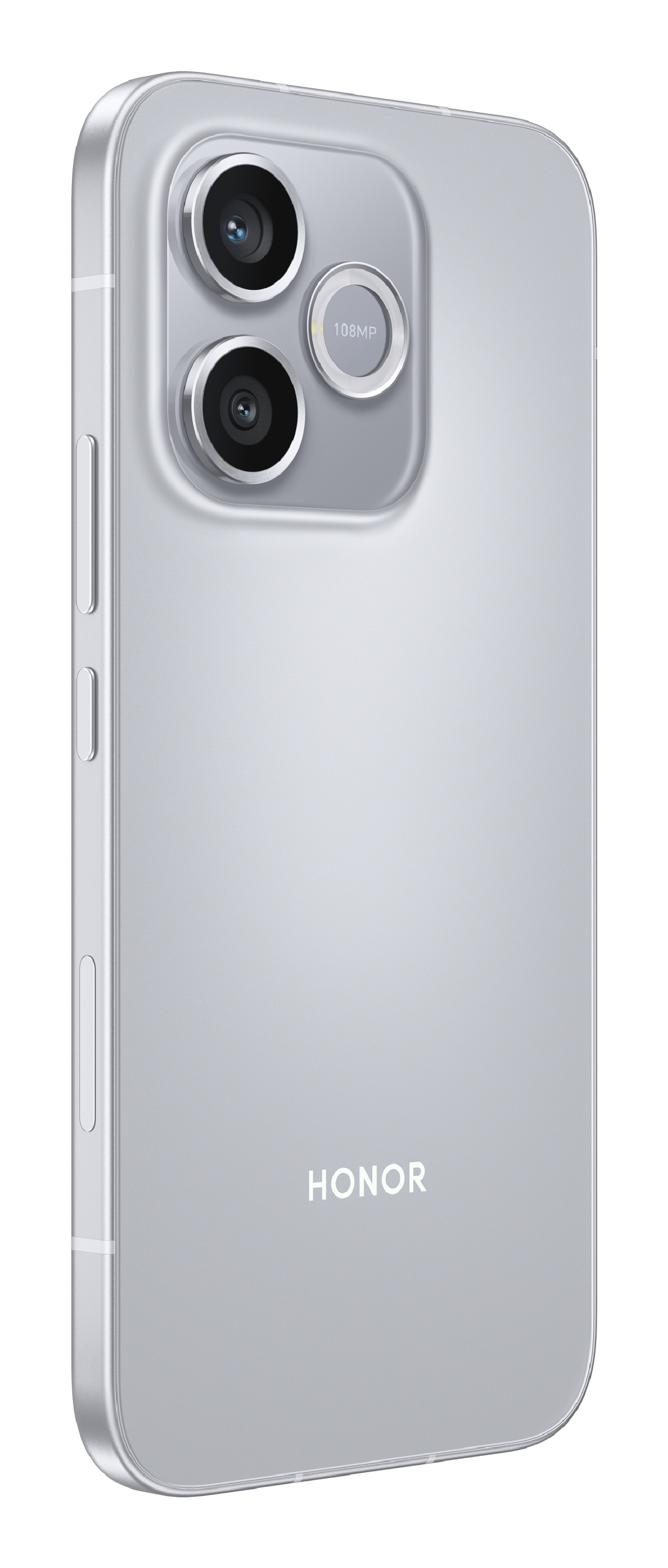 Parte trasera de un smartphone Honor plateado con dos grandes lentes y módulo de 108MP.