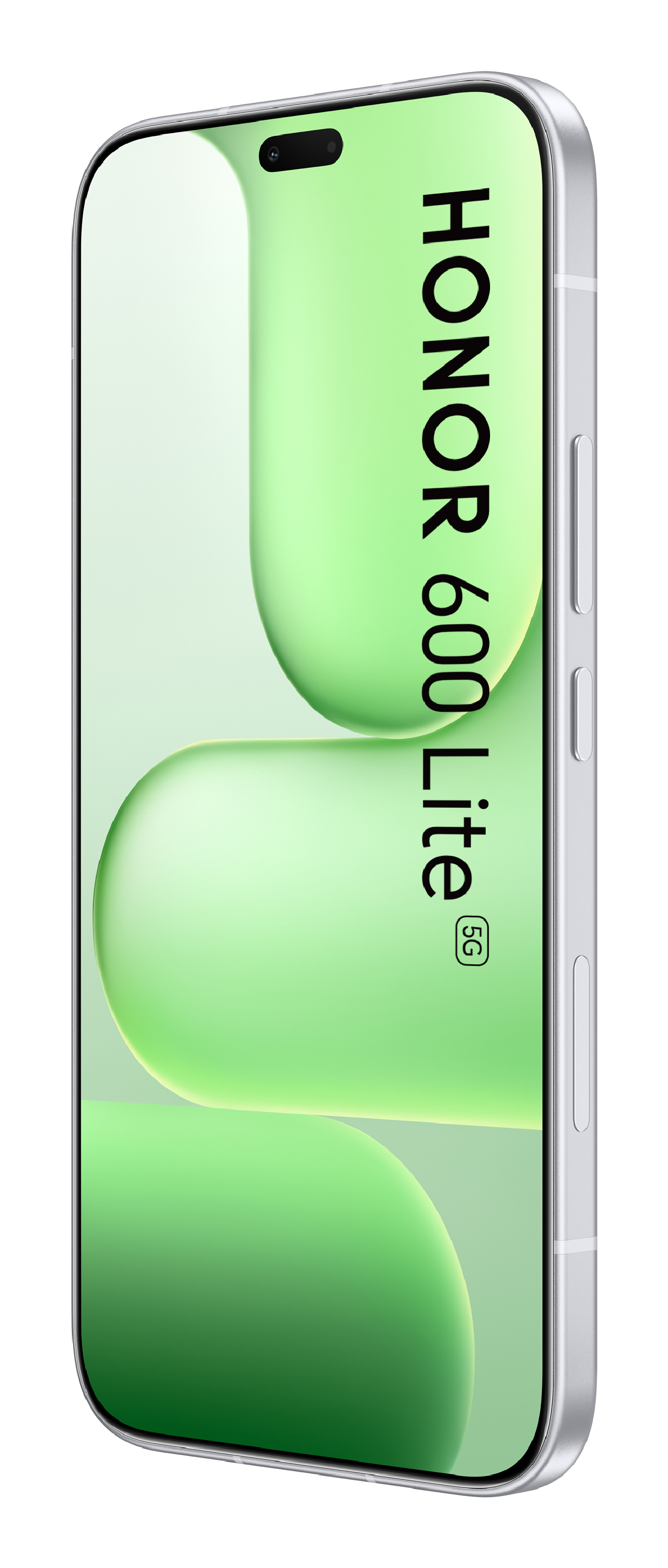 Un smartphone Honor 600 Lite 5G plateado muestra una pantalla verde con texto negro sobre fondo blanco.