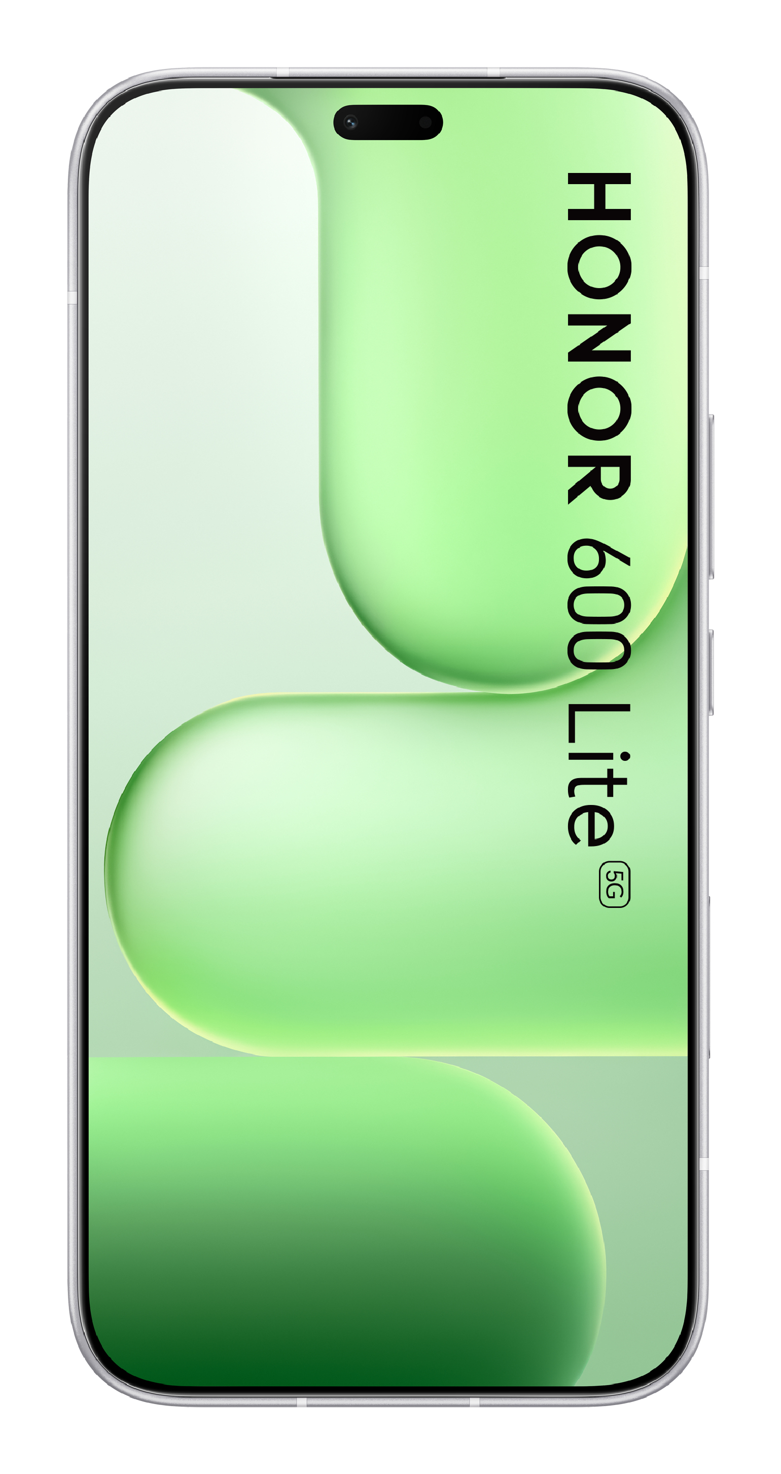 Vista frontal del smartphone Honor 600 Lite 5G con pantalla verde y formas redondeadas.