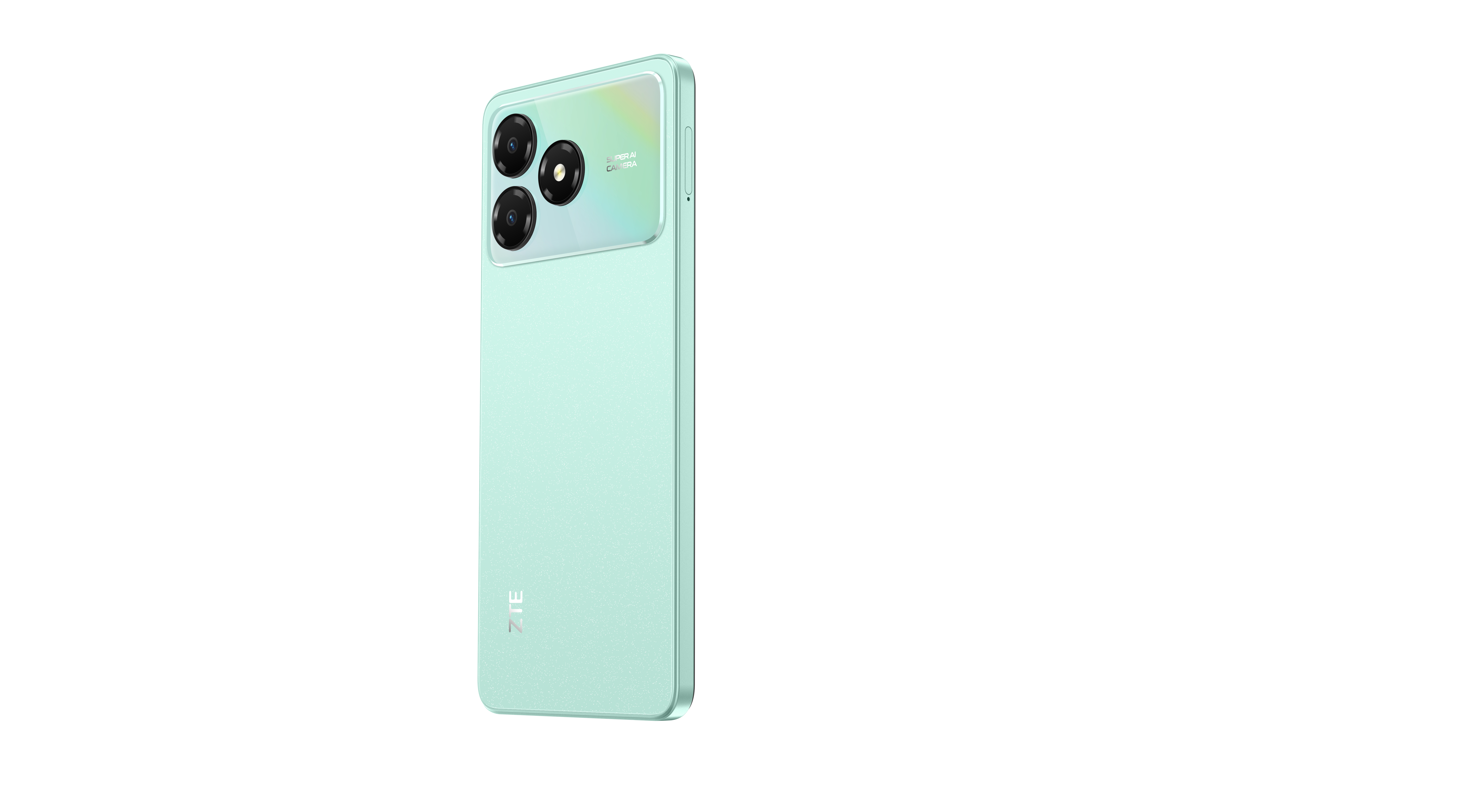 Ein hellgrünes Smartphone mit drei Rückkameras und ZTE-Logo unten, vor weißem Hintergrund.