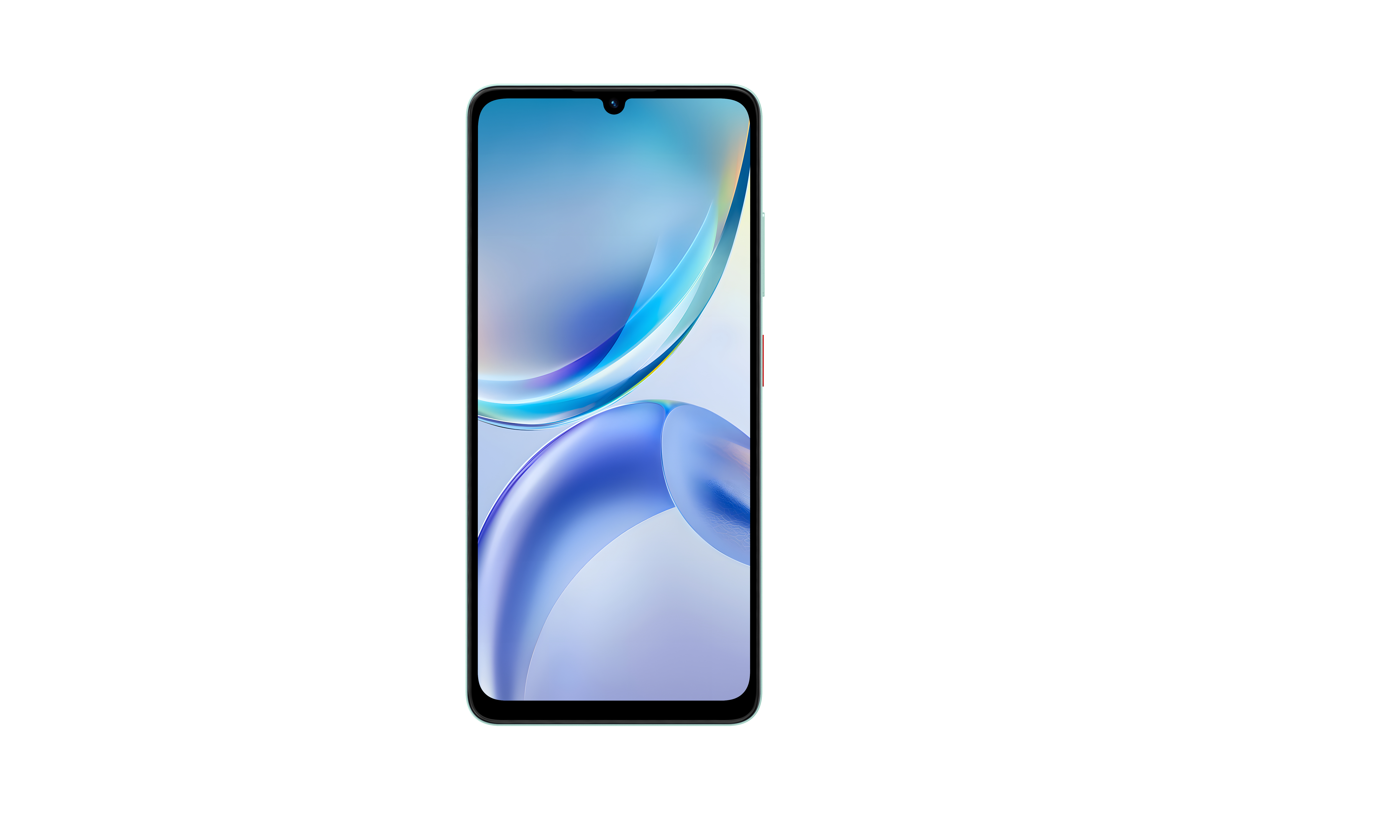 Ein Smartphone mit blauem abstrakten Hintergrundbild auf dem Bildschirm vor weißem Hintergrund.