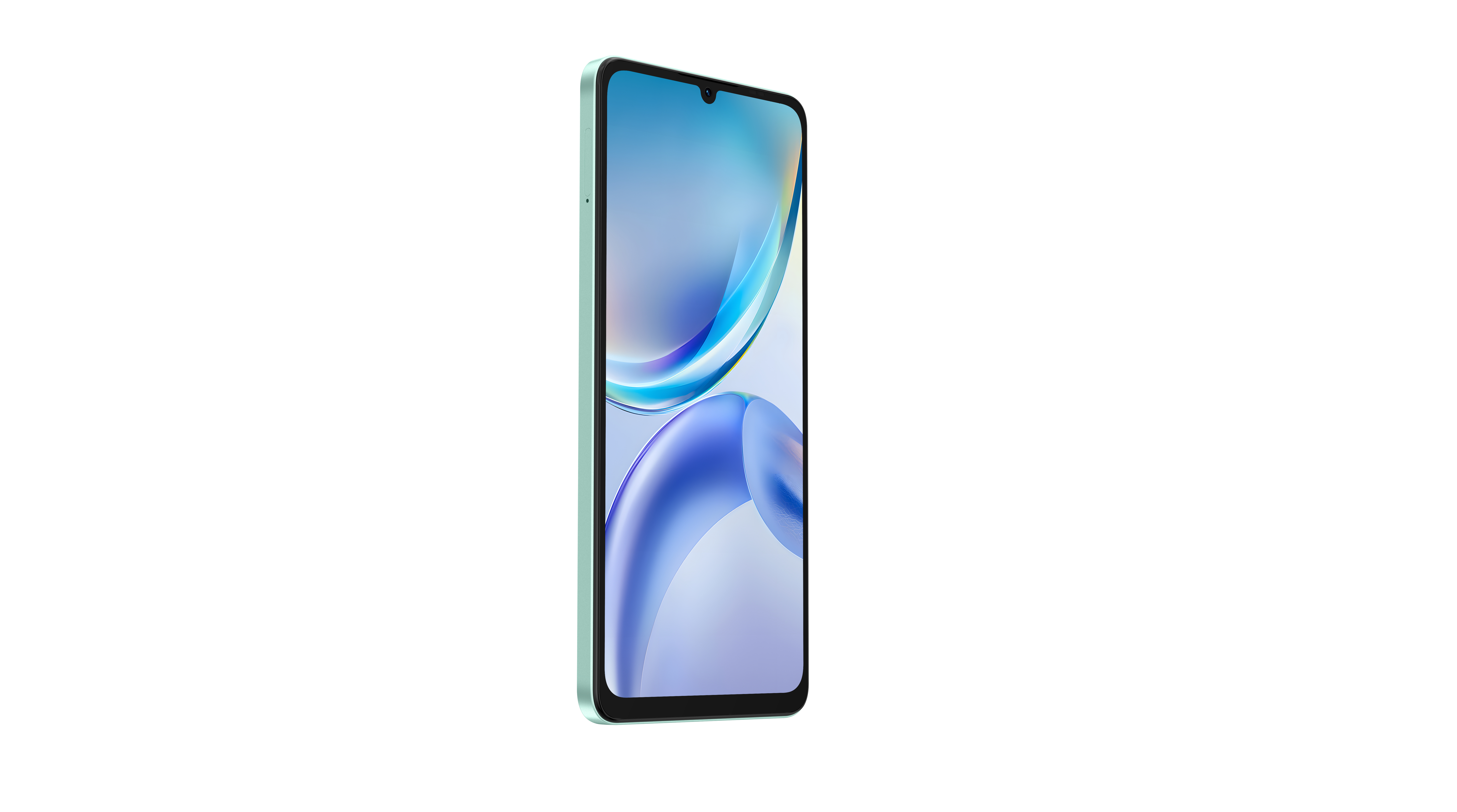 Ein türkisfarbenes Smartphone mit gebogenem Bildschirm und abstrakten Farben auf weißem Hintergrund.
