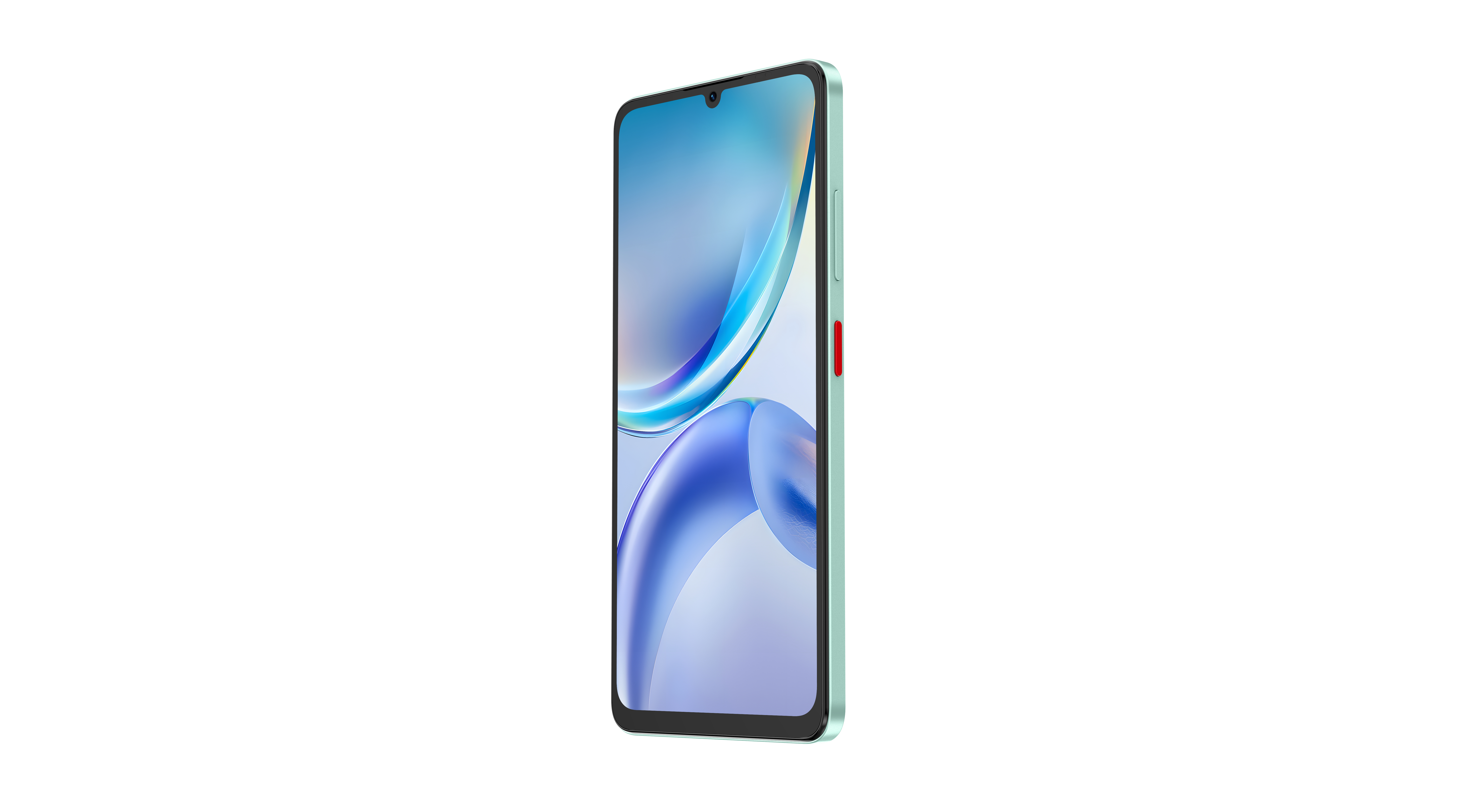 Ein mintgrünes Smartphone mit blauem Bildschirm zeigt sich schräg gegen weißem Hintergrund.