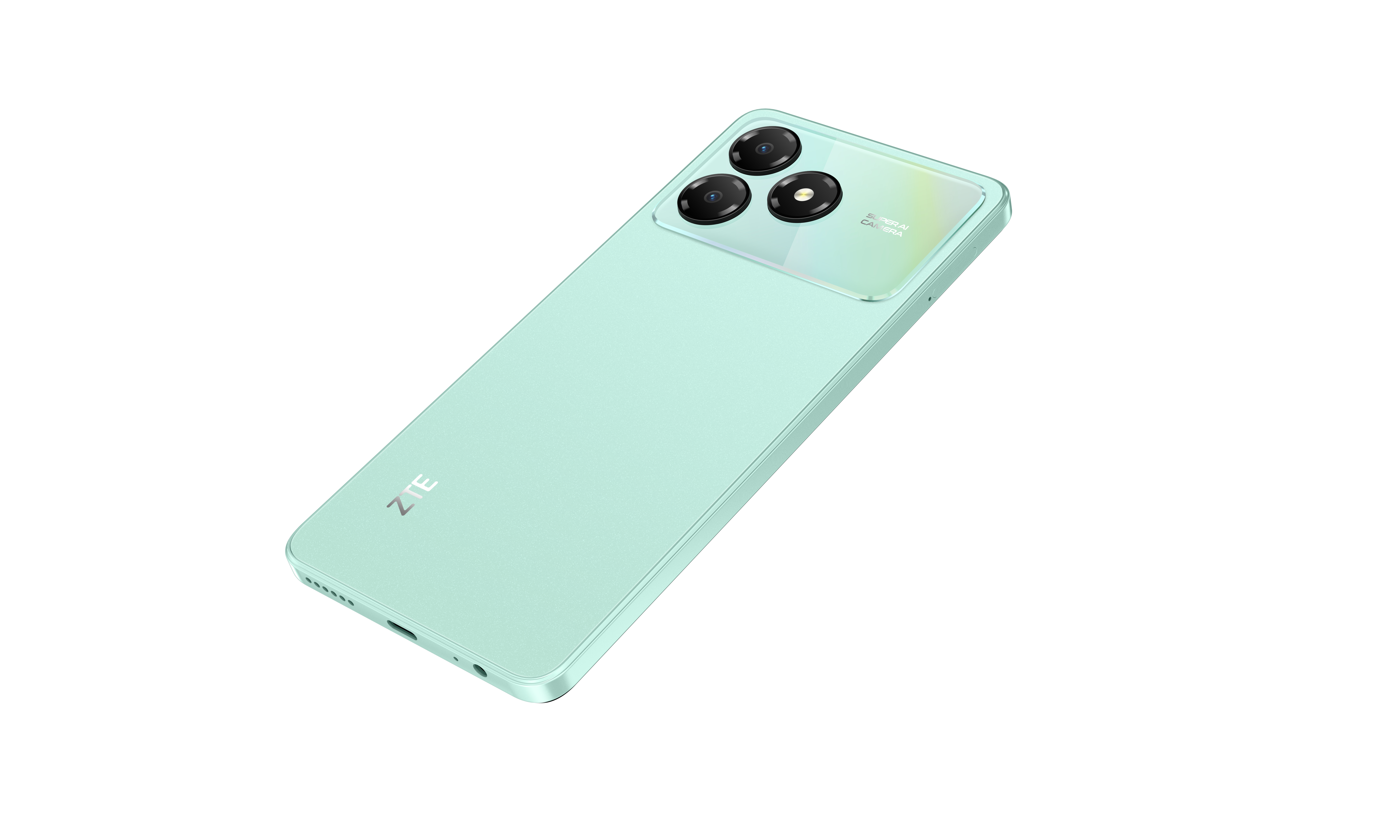 Rückseite eines mintgrünen ZTE-Smartphones mit dreifacher Kameralinse.
