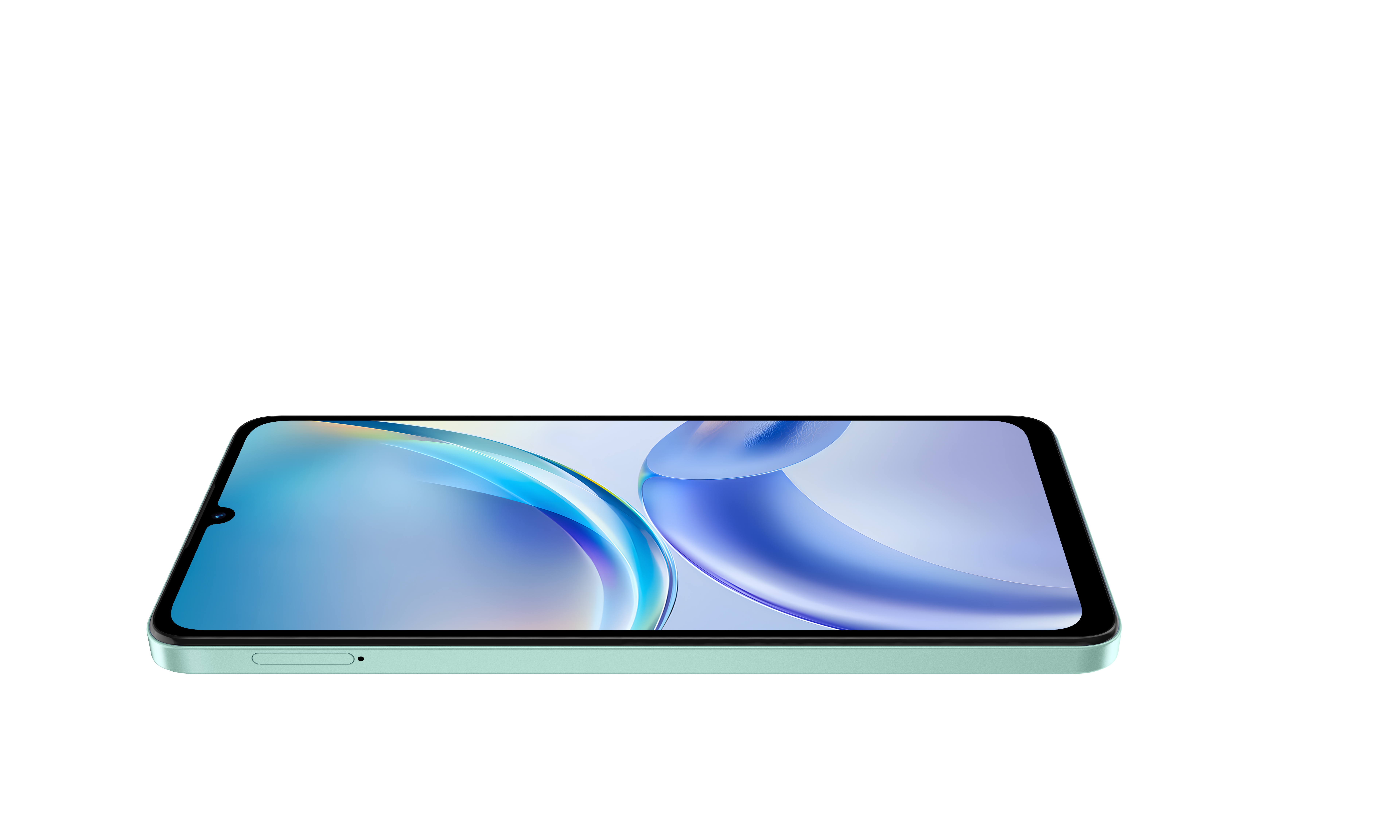 Ein mintgrünes Smartphone liegt flach auf weißem Hintergrund mit blauem abstrakten Display.