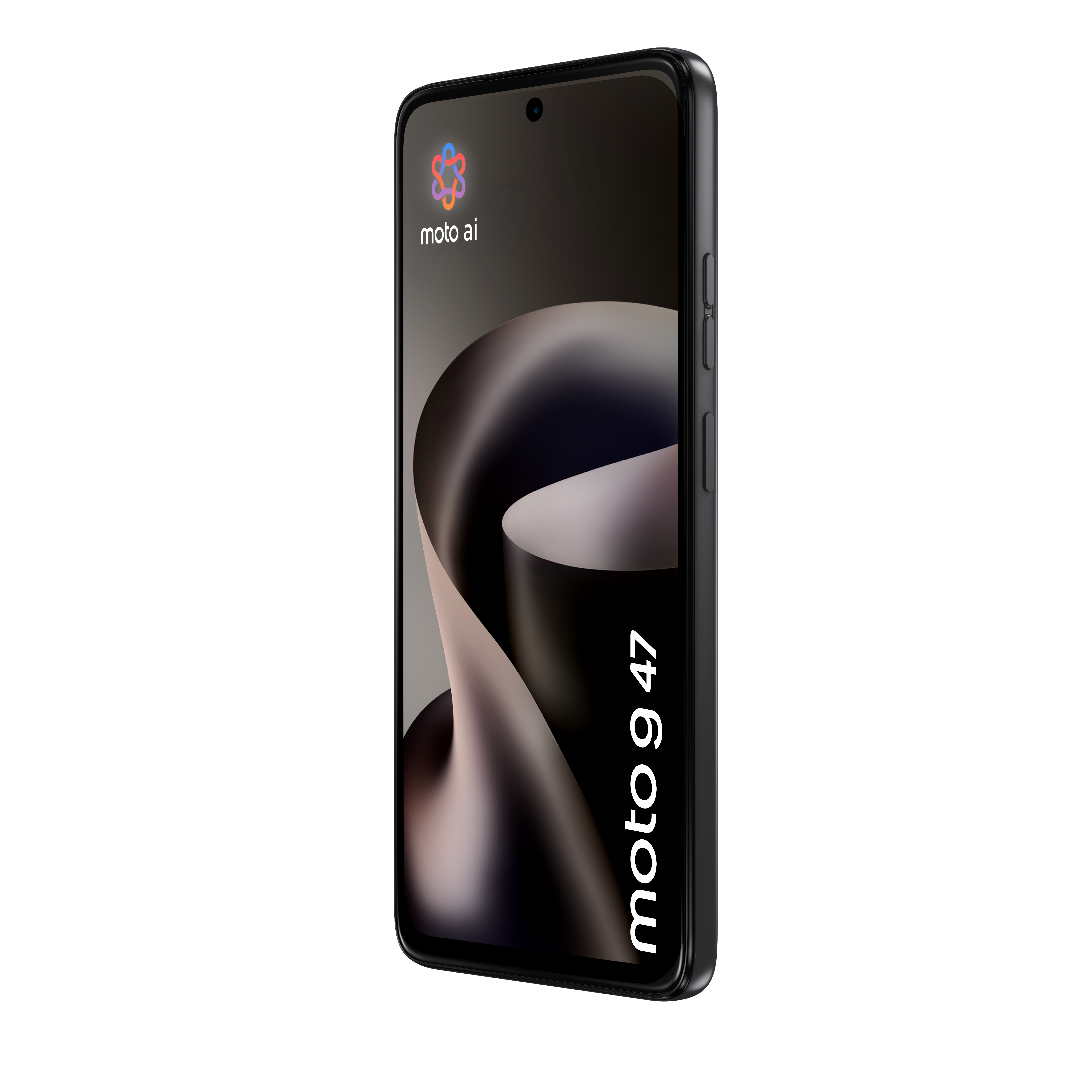 Smartphone negro que muestra el logotipo de moto ai y el texto moto 9 47 en la pantalla.