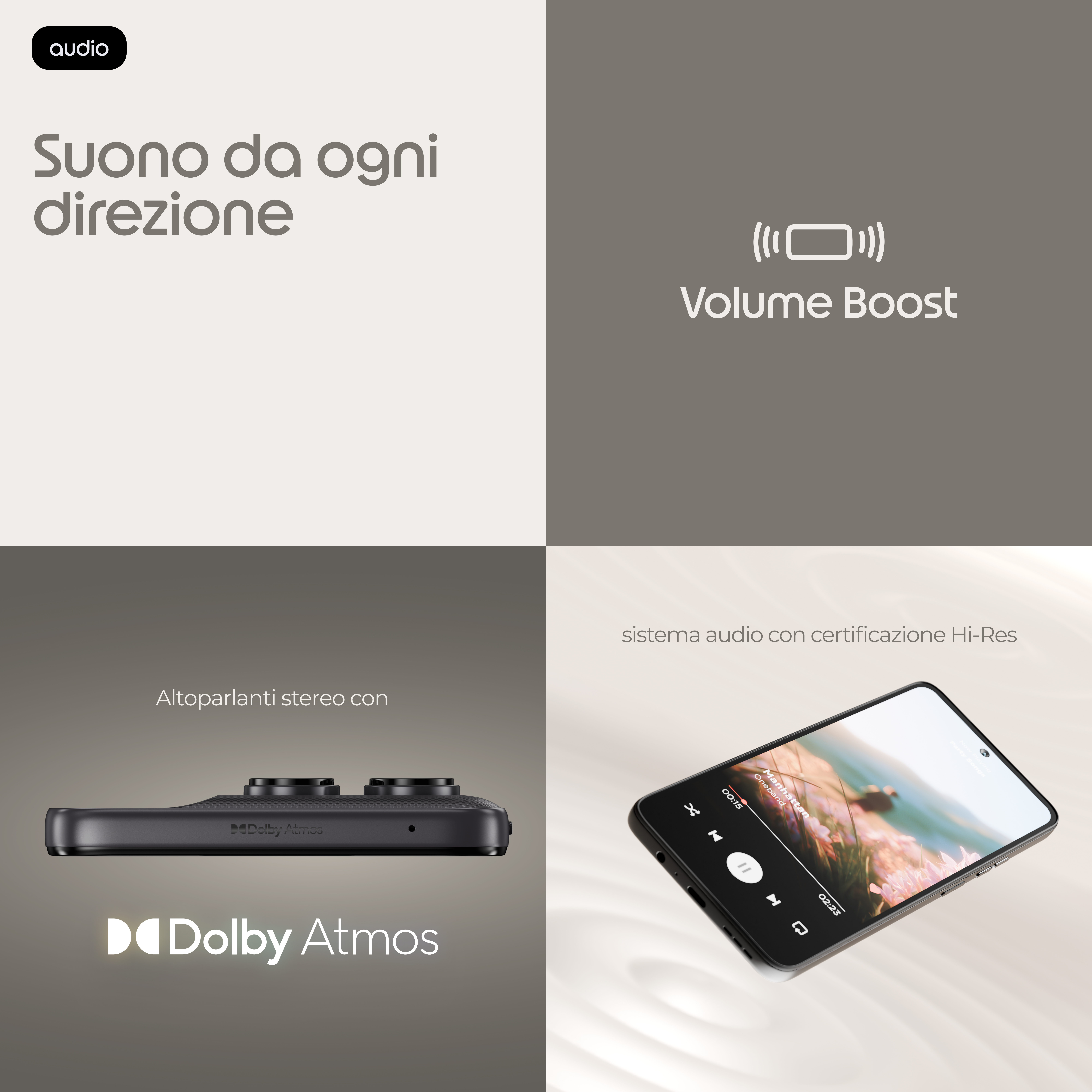 Cuatro imágenes divididas que muestran funciones de audio de un smartphone, incluyendo Dolby Atmos y Hi-Res.