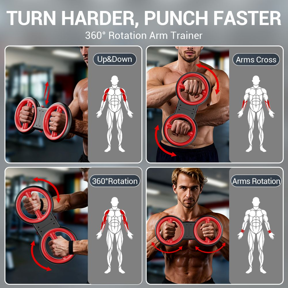 Un aparato de ejercicio para brazos muestra cuatro ejercicios con diagramas musculares.