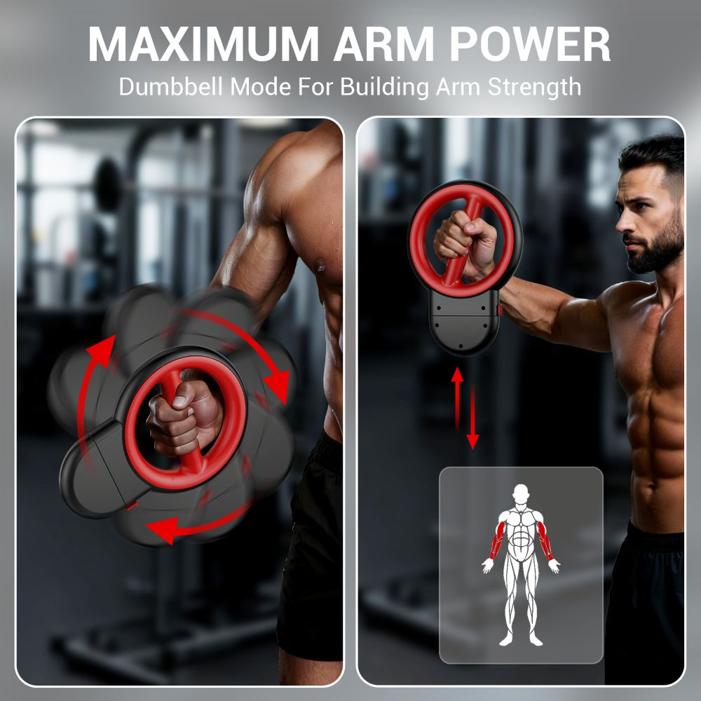 Un anuncio de fitness muestra a un hombre haciendo ejercicio con una herramienta de fuerza roja y negra.