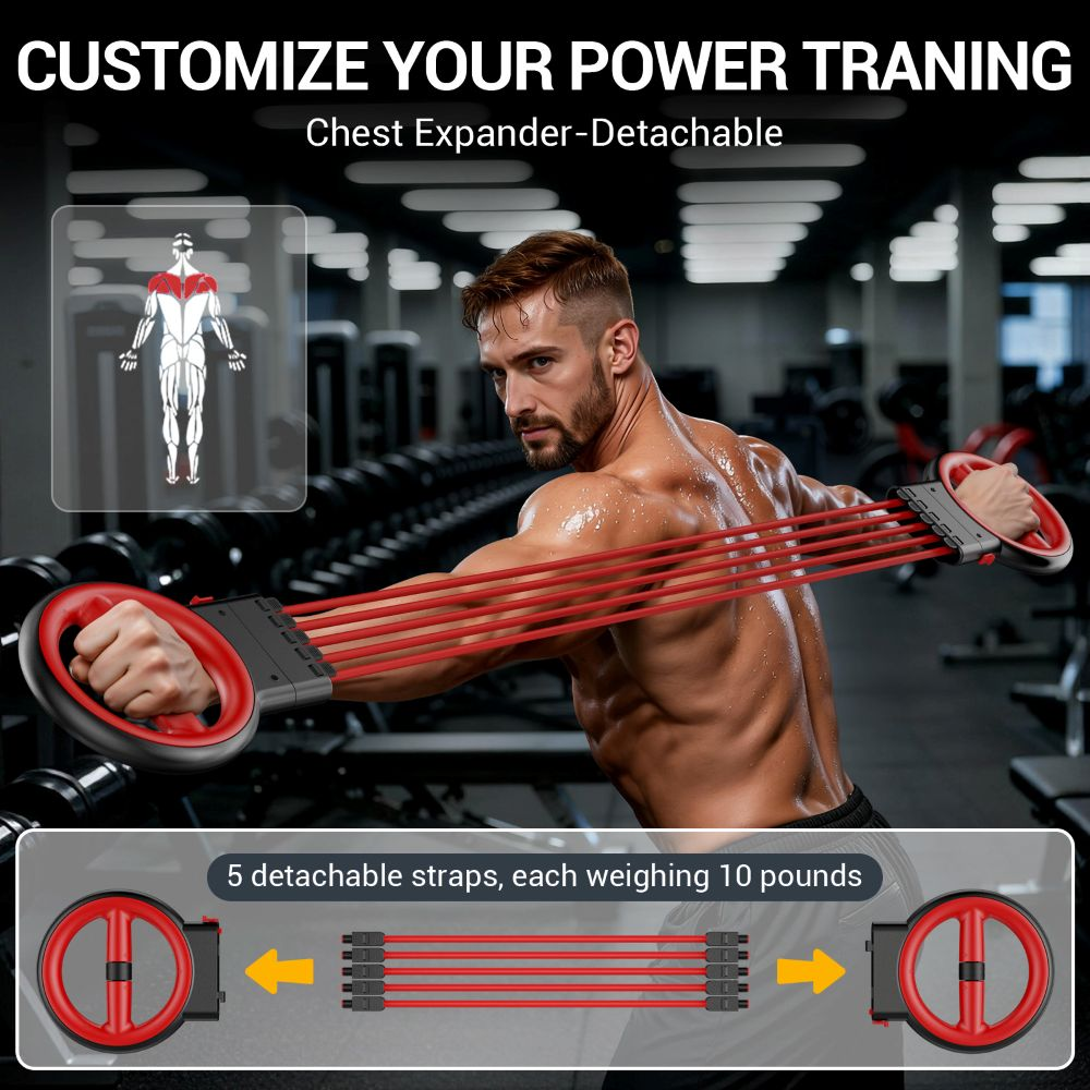 Hombre musculoso entrenando en un gimnasio usando un expansor de pecho rojo con cinco bandas extraíbles.