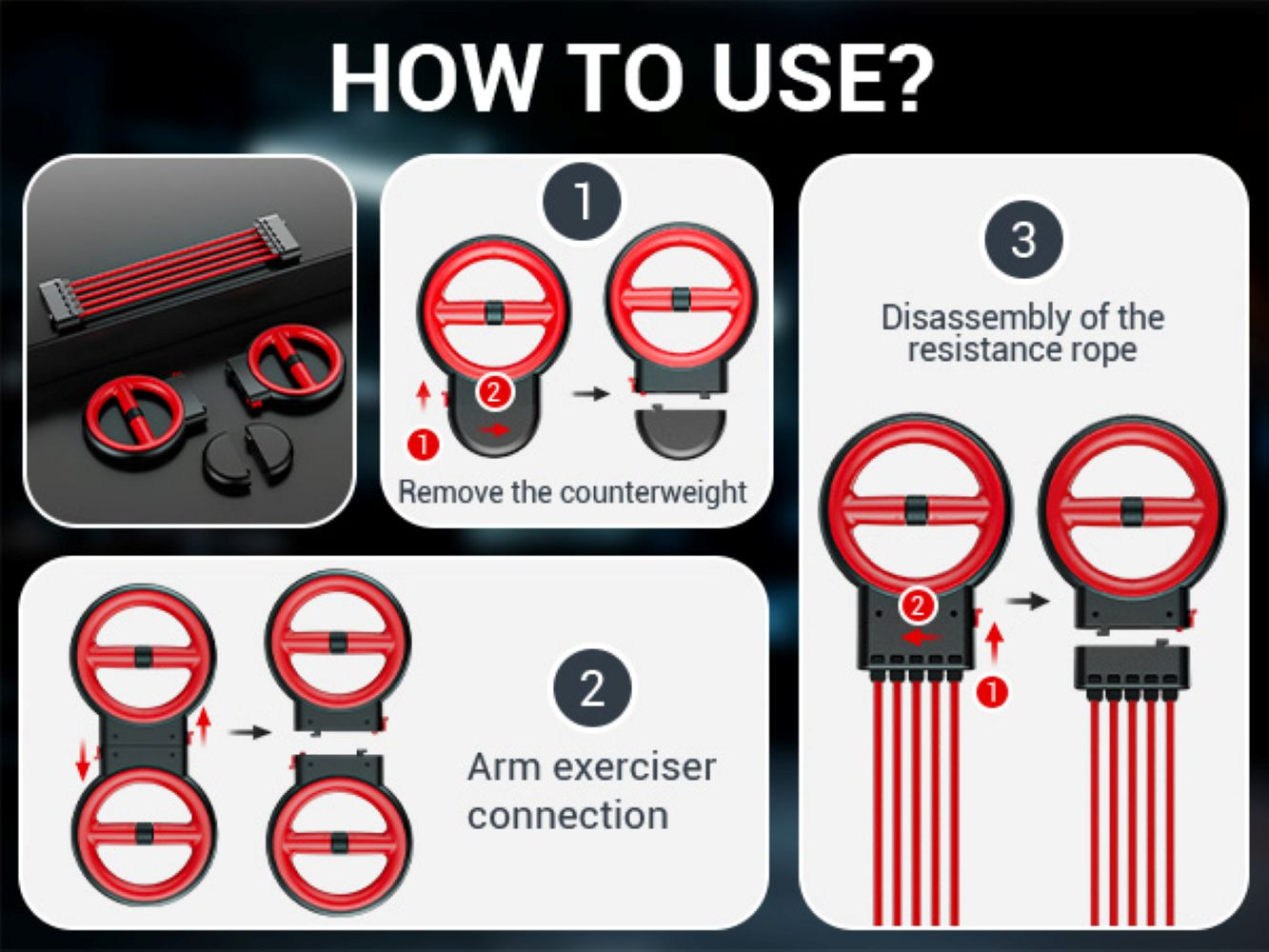 Instrucciones sobre cómo usar un ejercitador de brazos rojo y negro con cuerdas de resistencia desmontables.