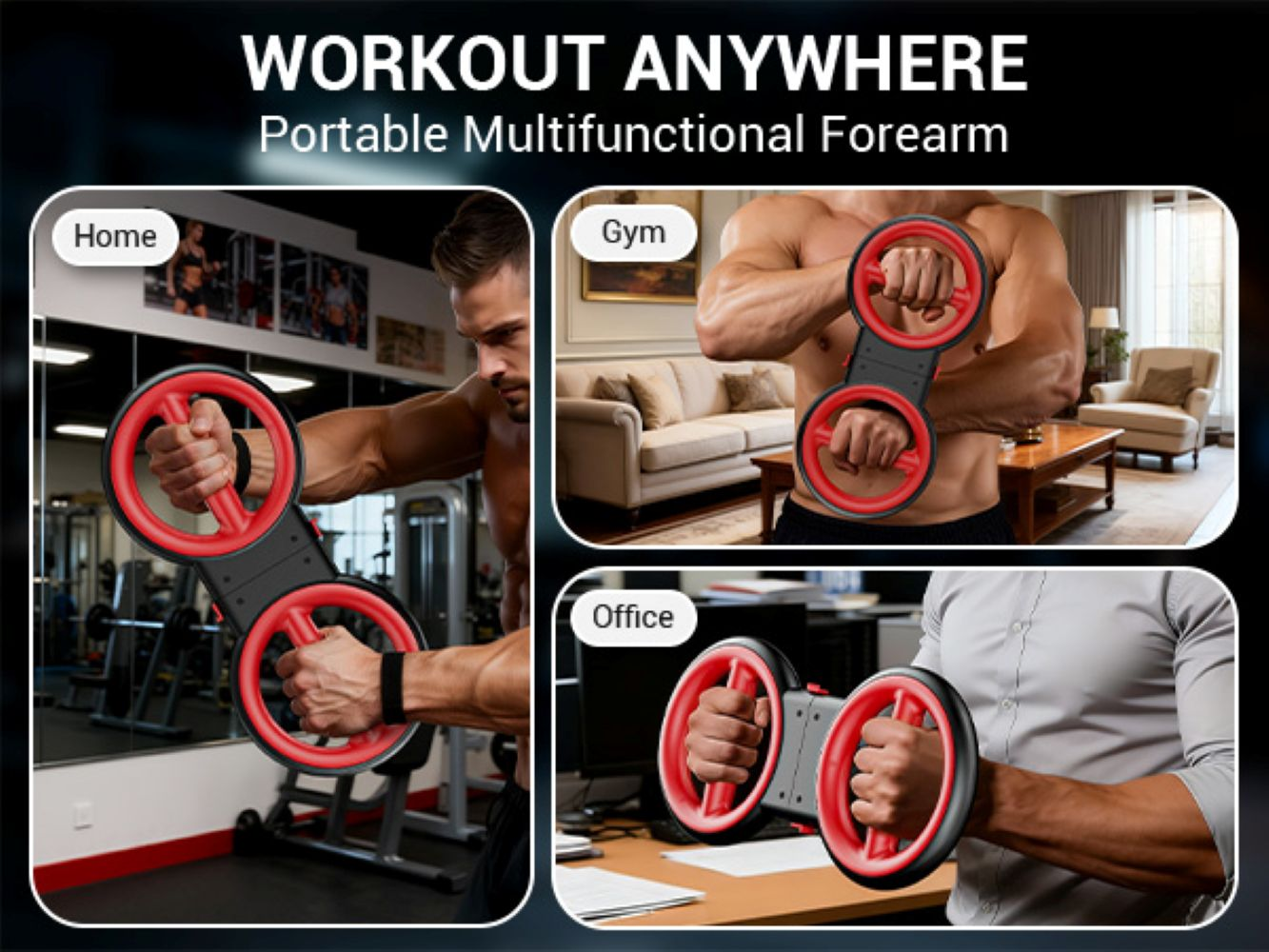Un hombre usa un dispositivo portátil para antebrazos en varios lugares como casa, gimnasio y oficina.