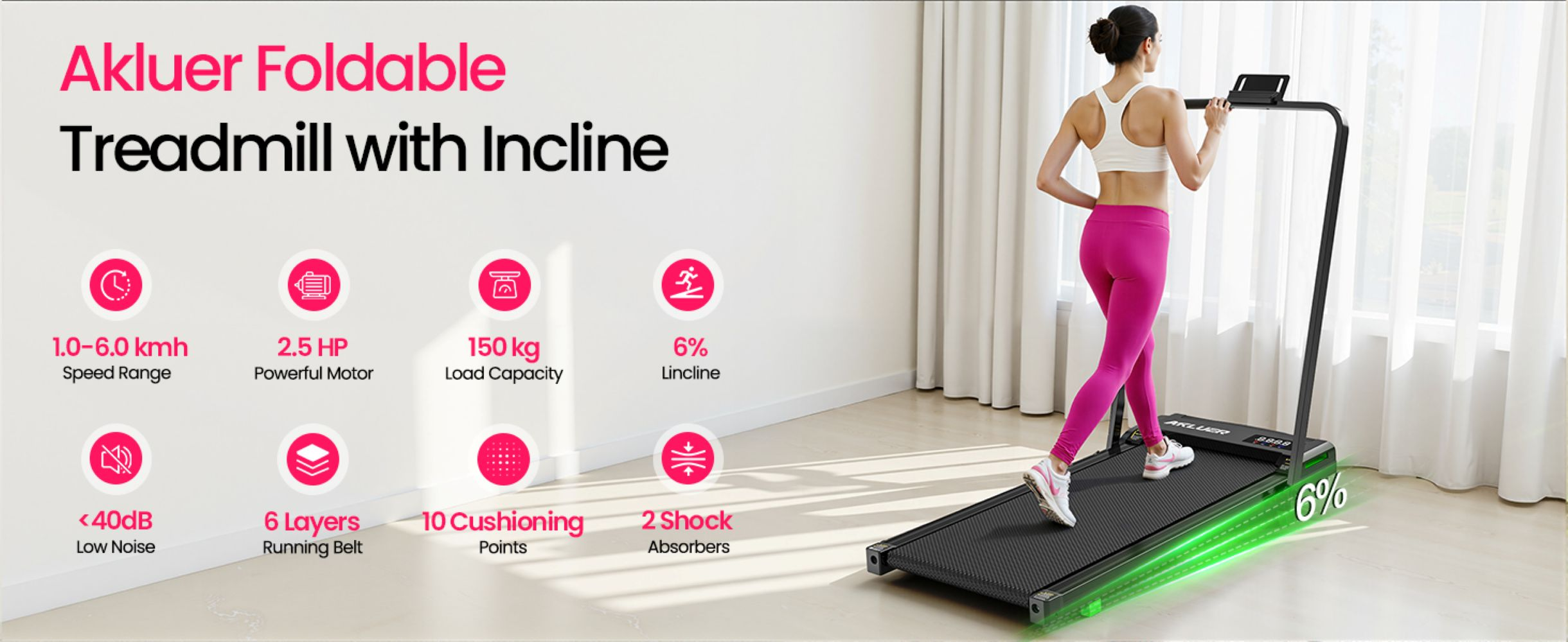 Una mujer en ropa deportiva corre en una caminadora plegable con varias características y especificaciones.